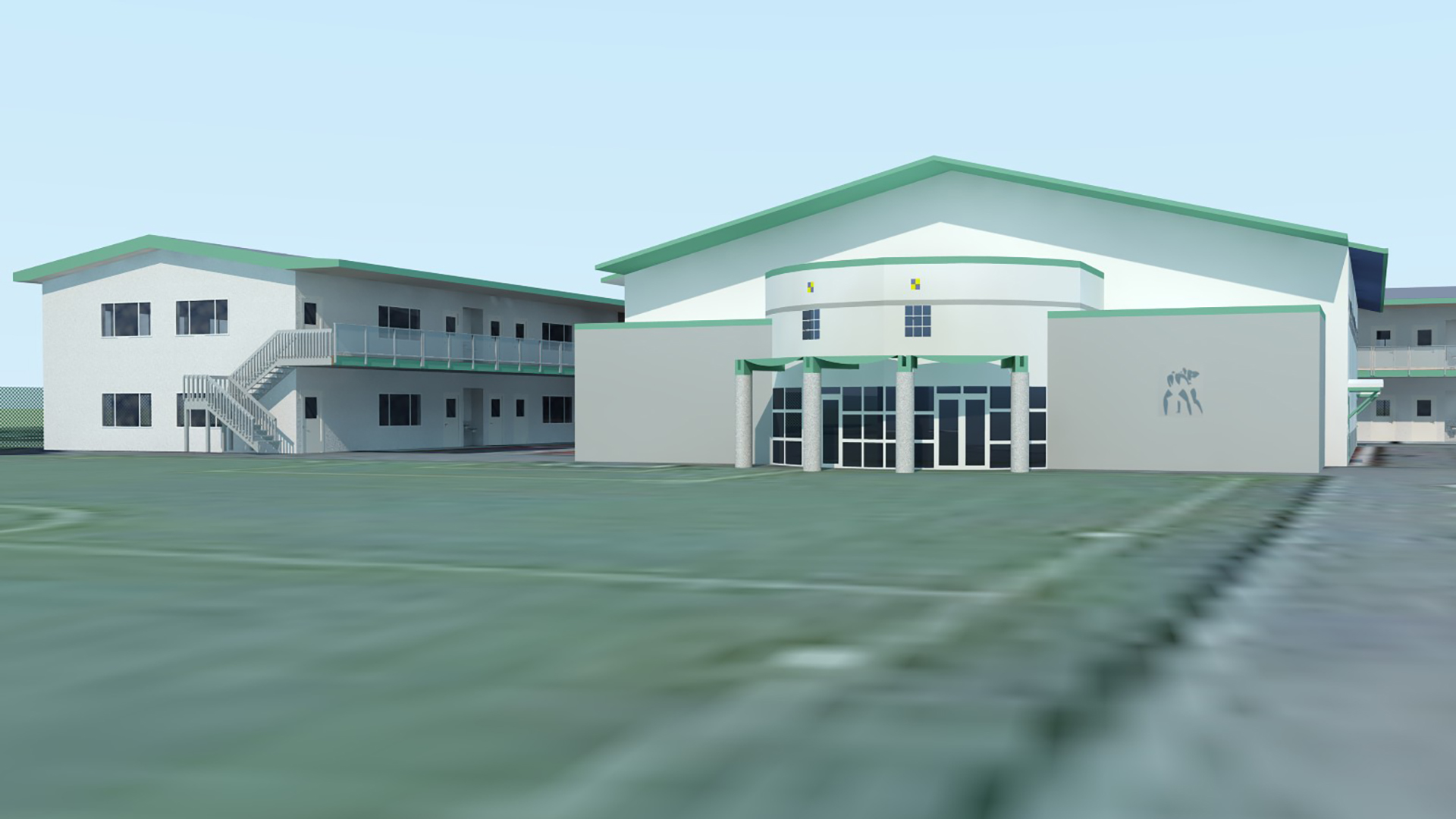 Render of modern style gym exterior, with white walls and green details.