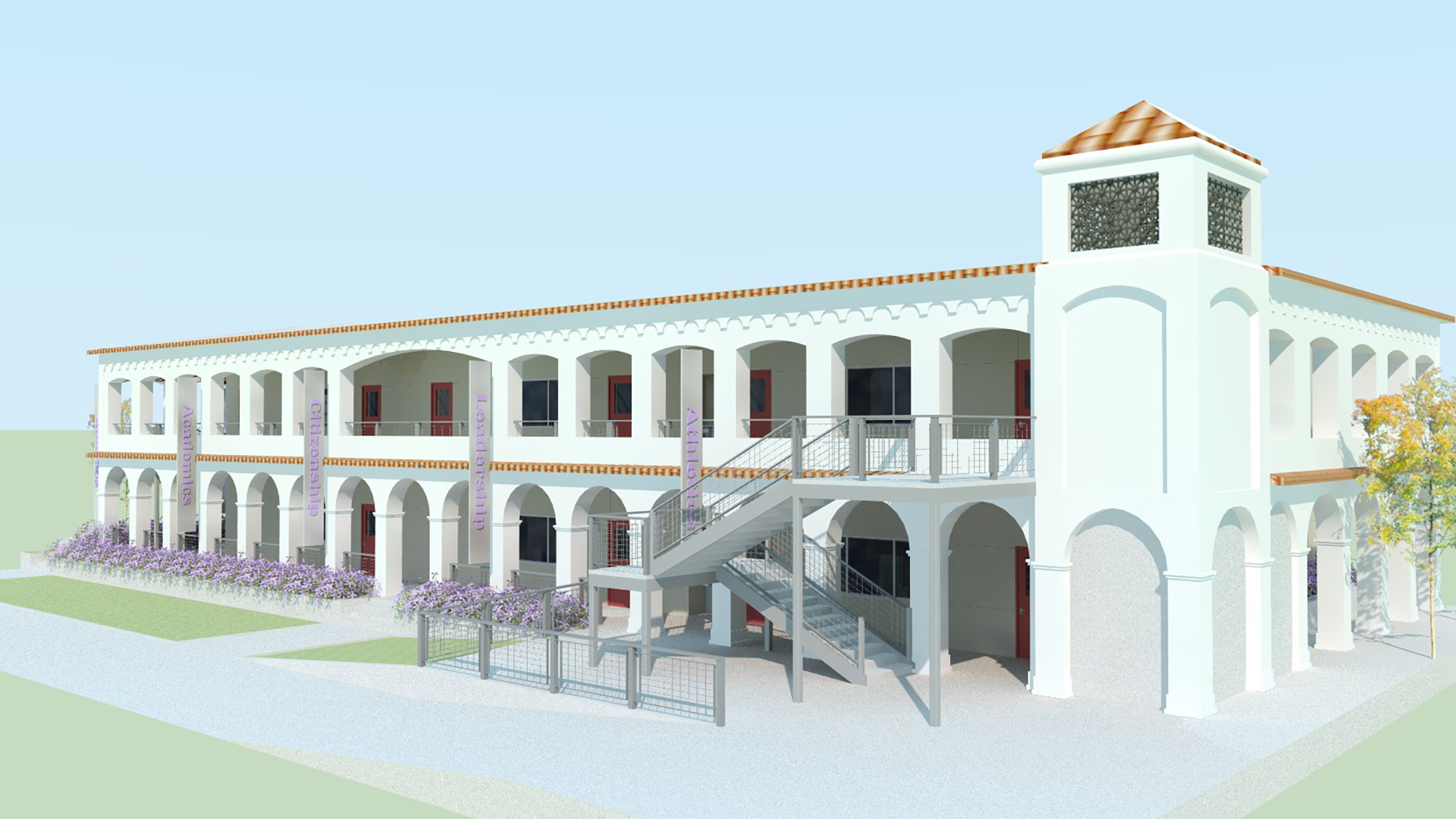 Render of mission-style classroom wing with two-stories and long hallways.