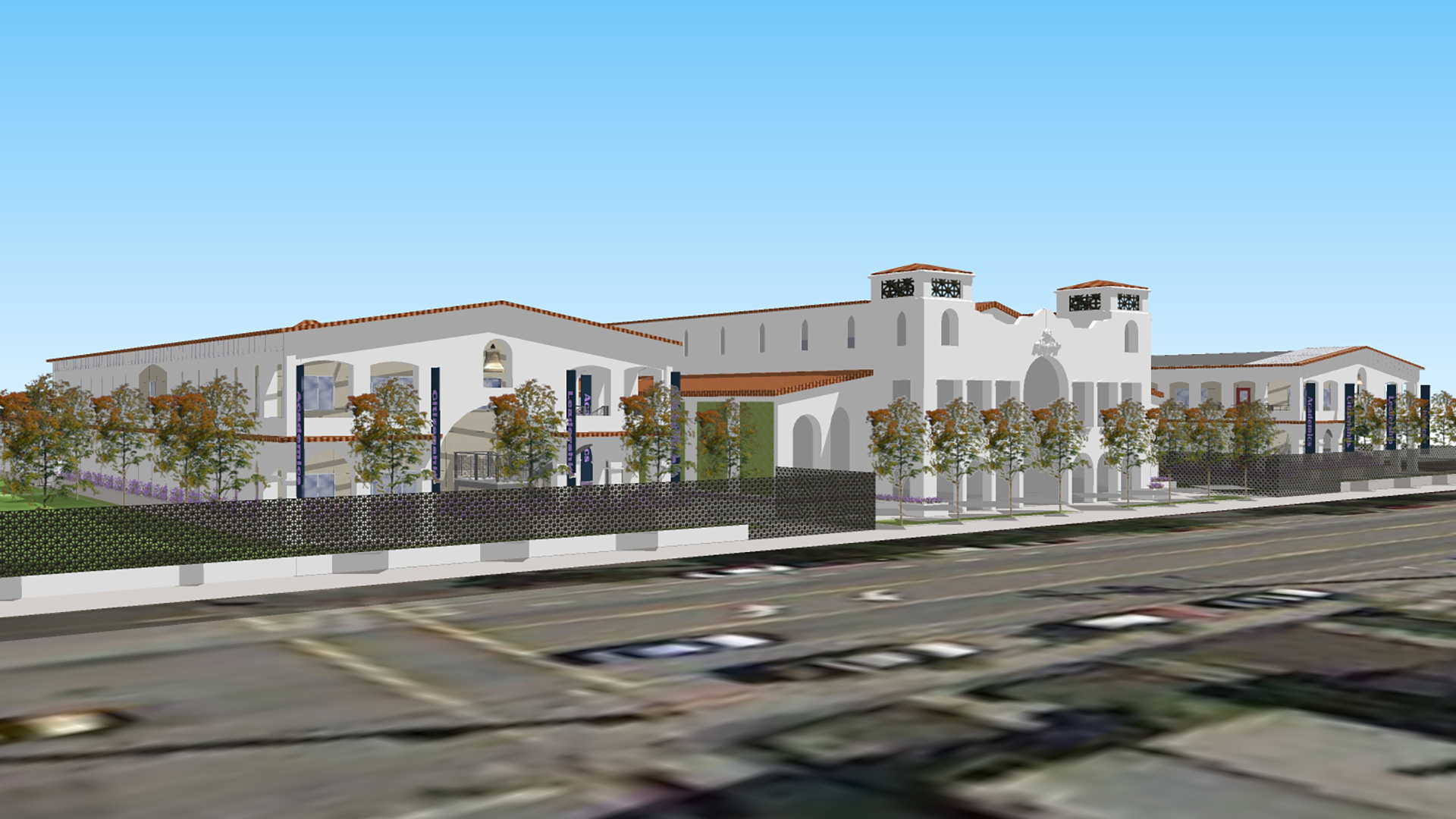Rendering of campus with architecture inspired by california missions.
