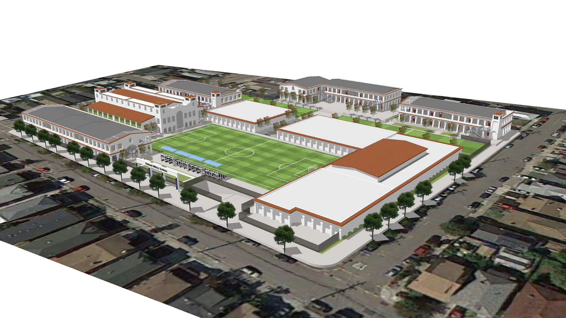 Campus rendering with several large buildings and a parade field.