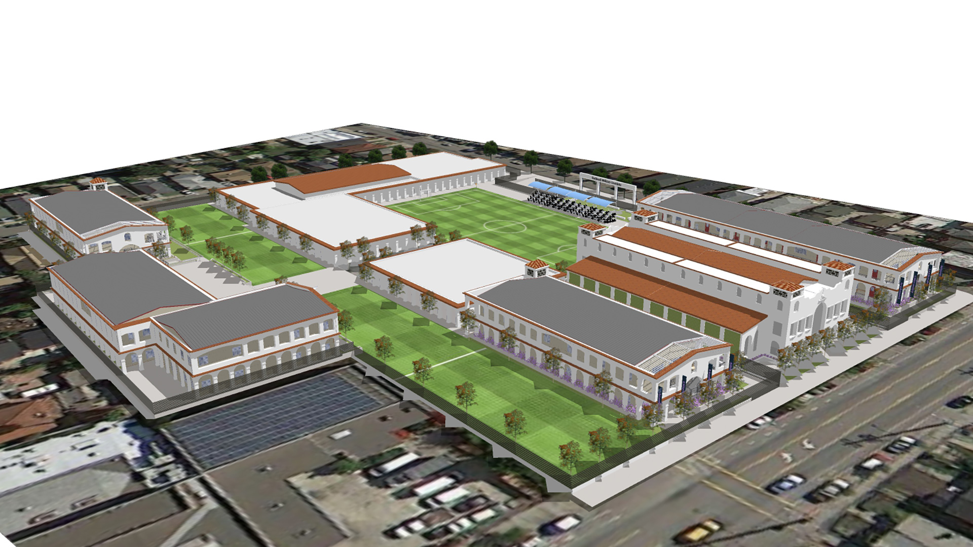 Campus rendering with several large buildings and a parade field.