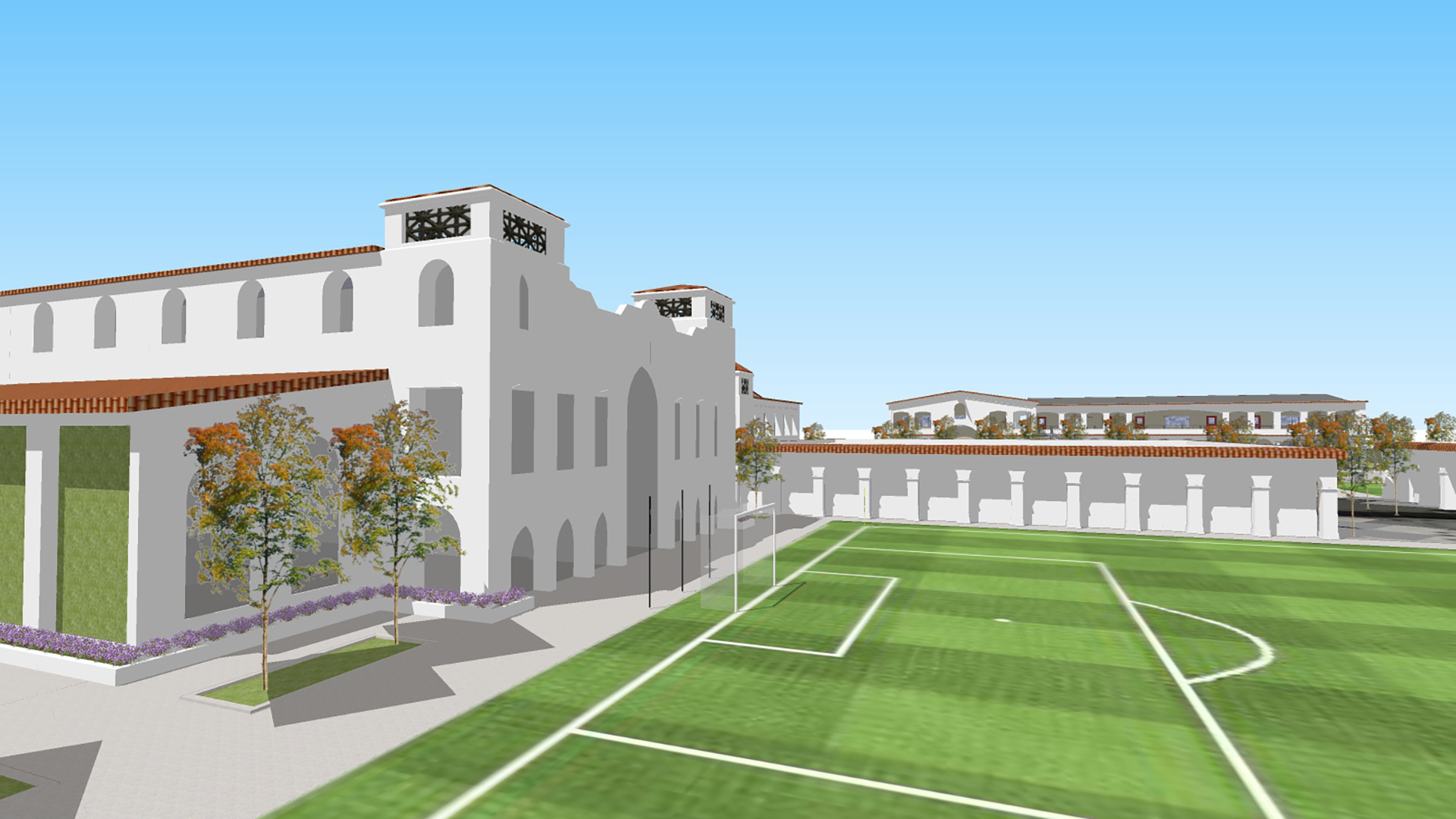 Render of campus sports field adjacent to three-story building with large archway entrance.