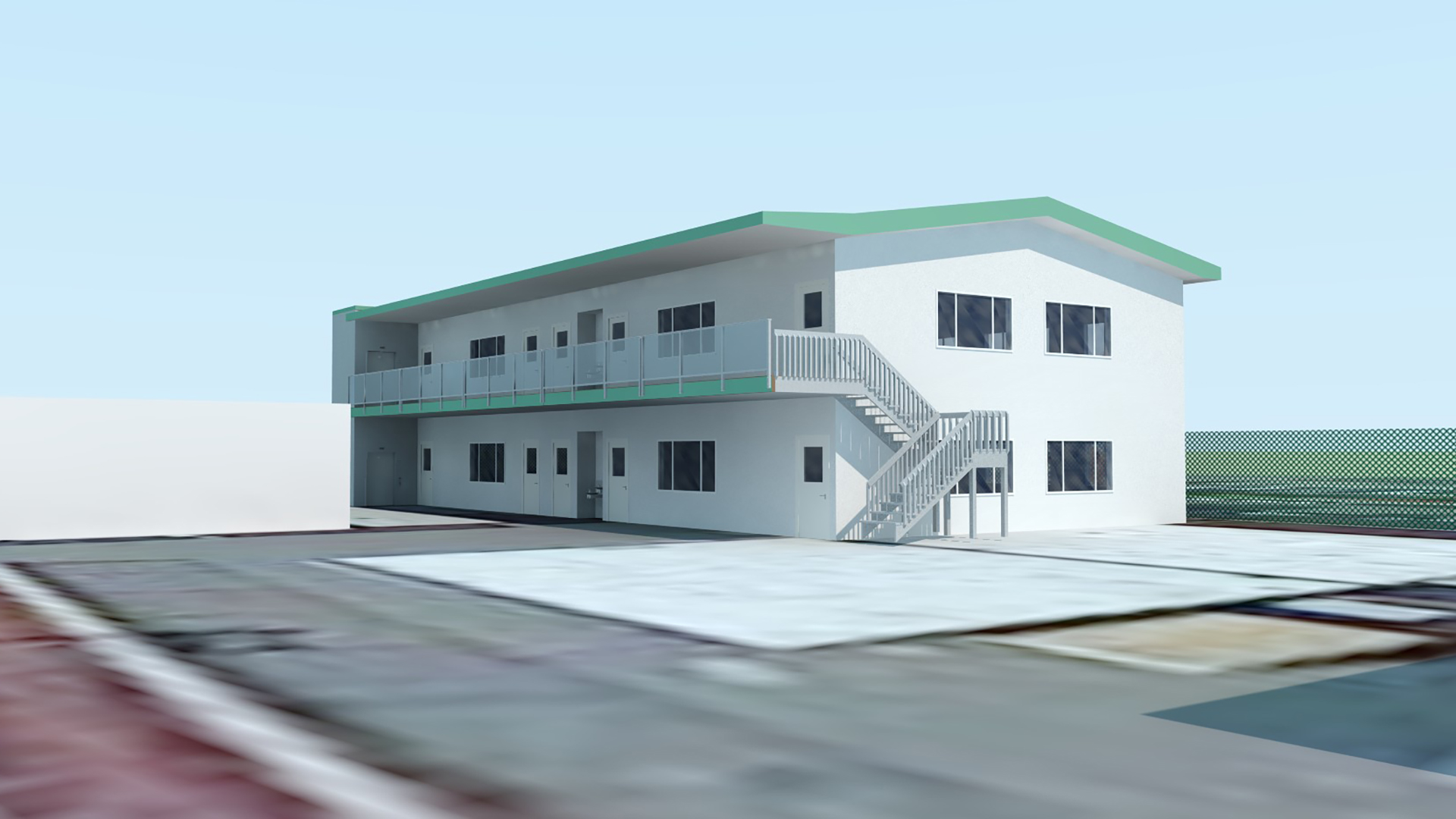 Render of modern classroom wing with two stories, white walls, and green details.