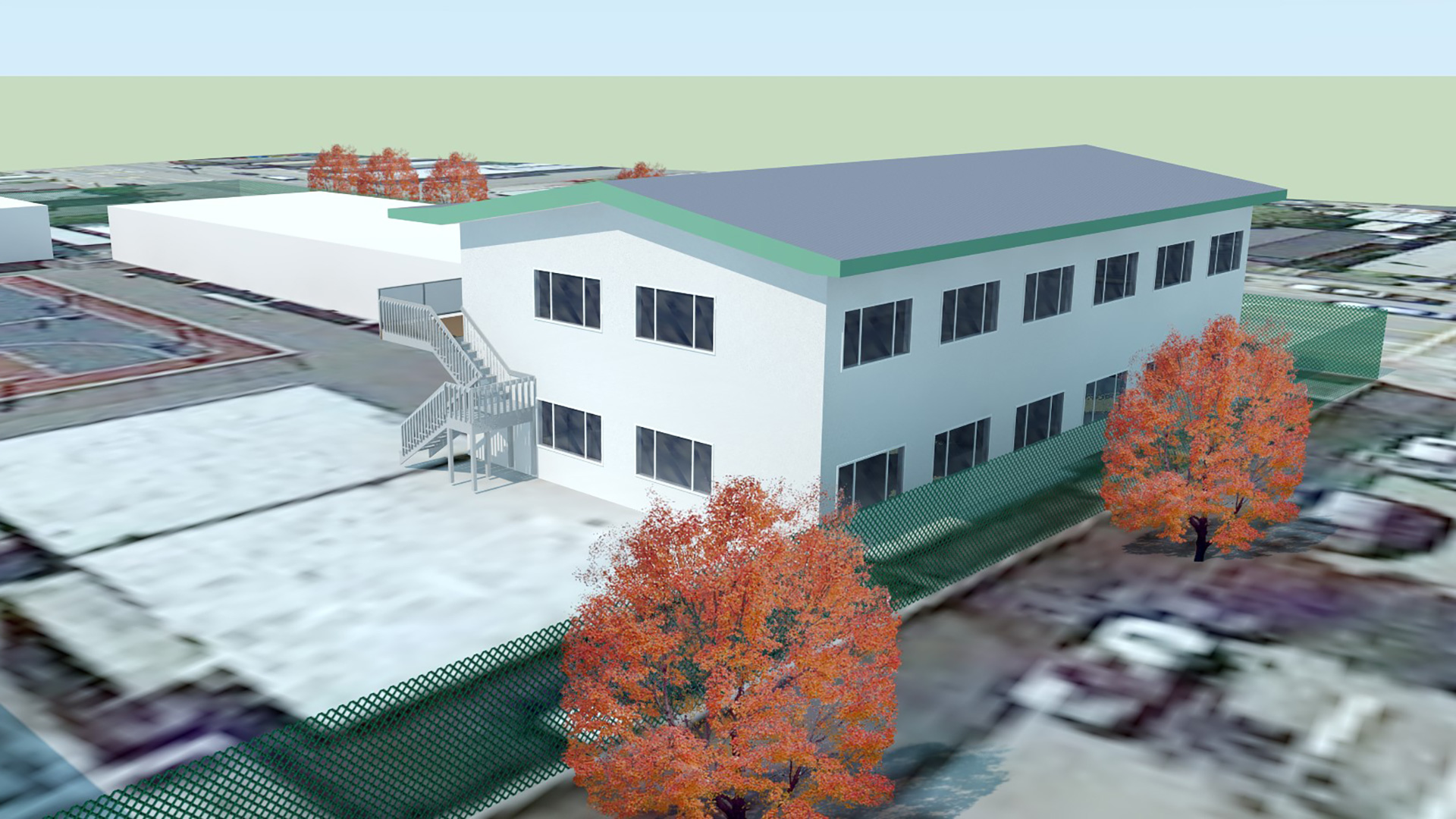 Render of modern classroom wing with two stories, white walls, and green details.