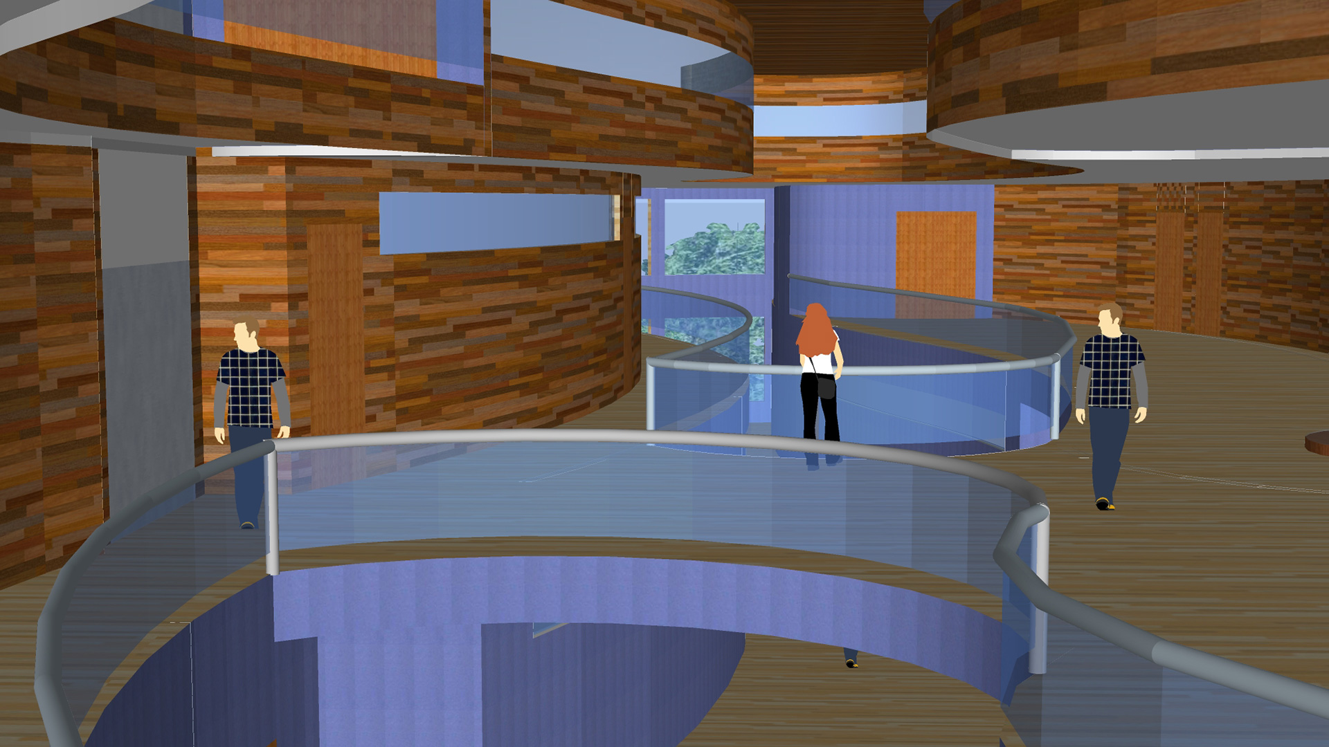 Render of interior with exposed wood and blue glass, with curving walkways and mezzanines at second and third story.