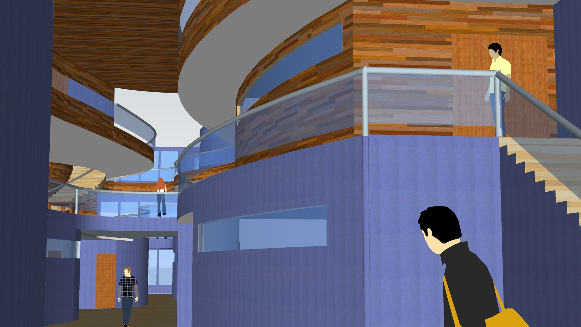 Render of interior with exposed wood and blue glass, with curving walkways and mezzanines at second and third story.