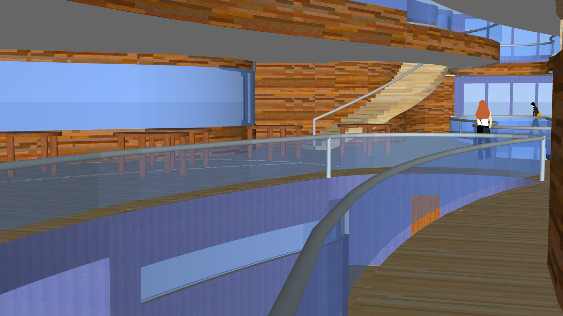 Render of interior with exposed wood and blue glass, with curving walkways and mezzanines at second and third story.