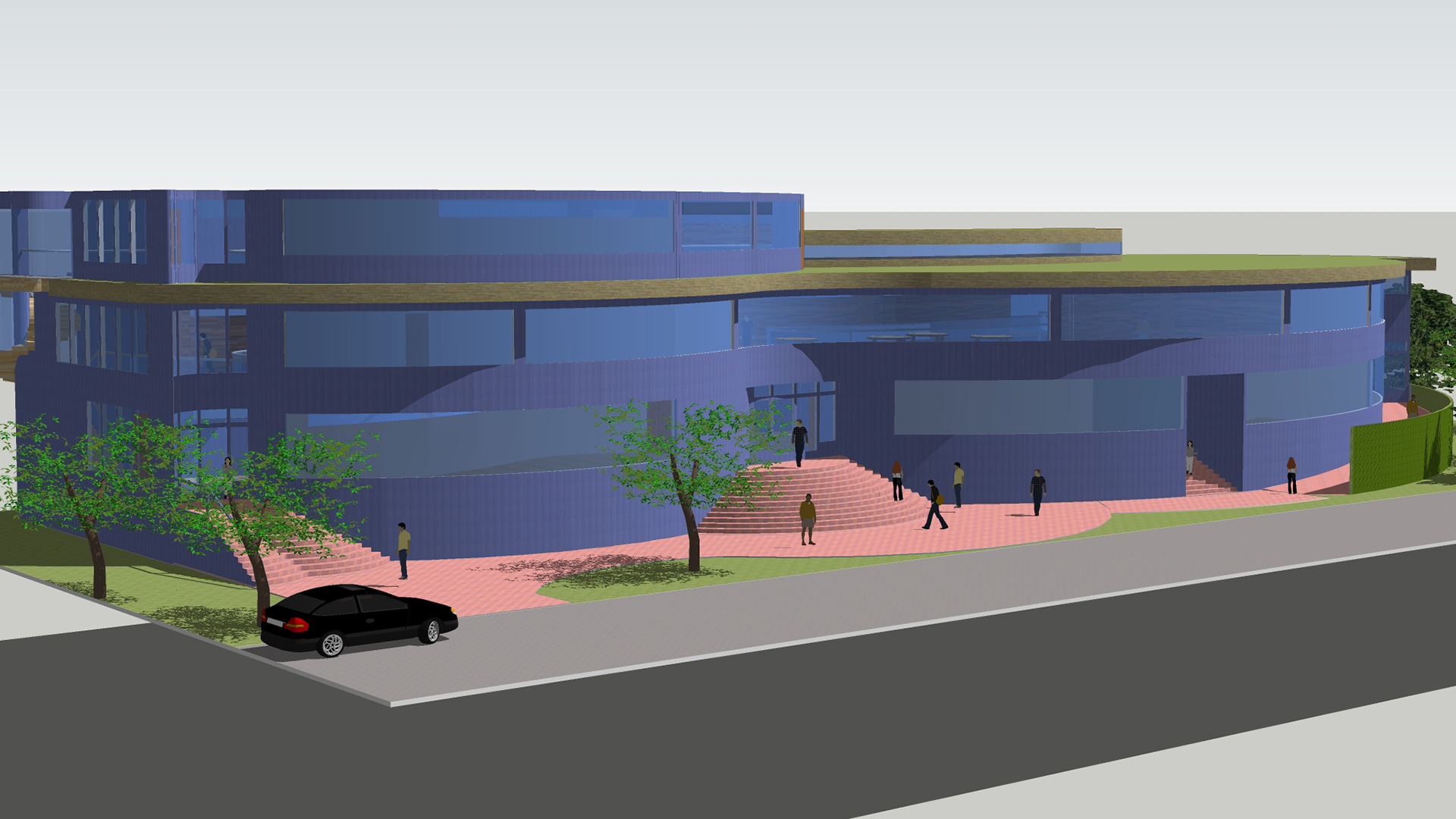 Conceptual render of campus, with curving blue walls and brick stairway leading to entrance.