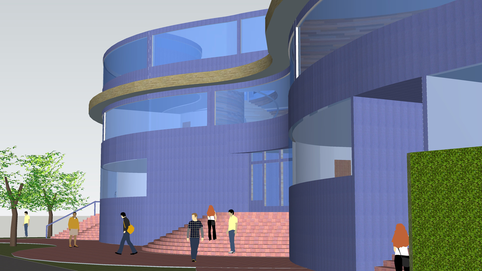 Conceptual render of campus, with curving blue walls and brick stairway leading to entrance.
