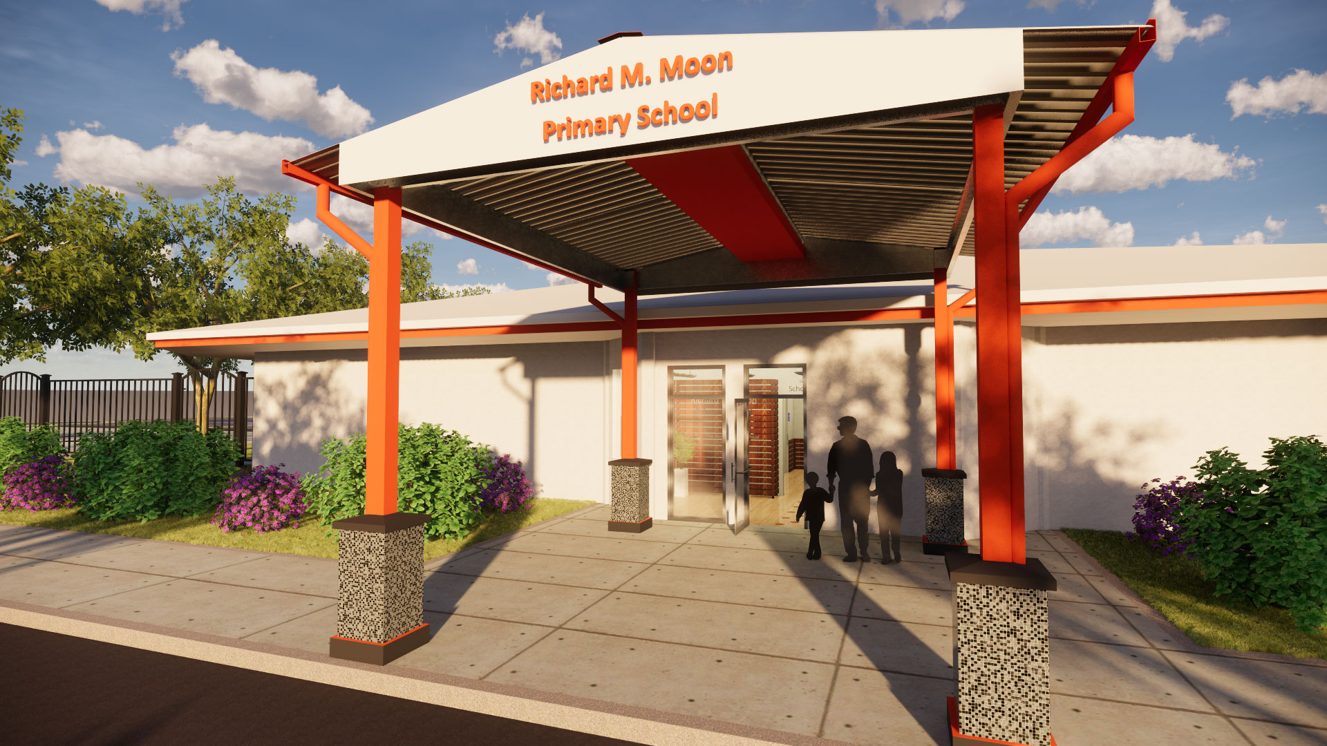 Render of new painted building and orange and white entry shade structure with the school name in lettering.