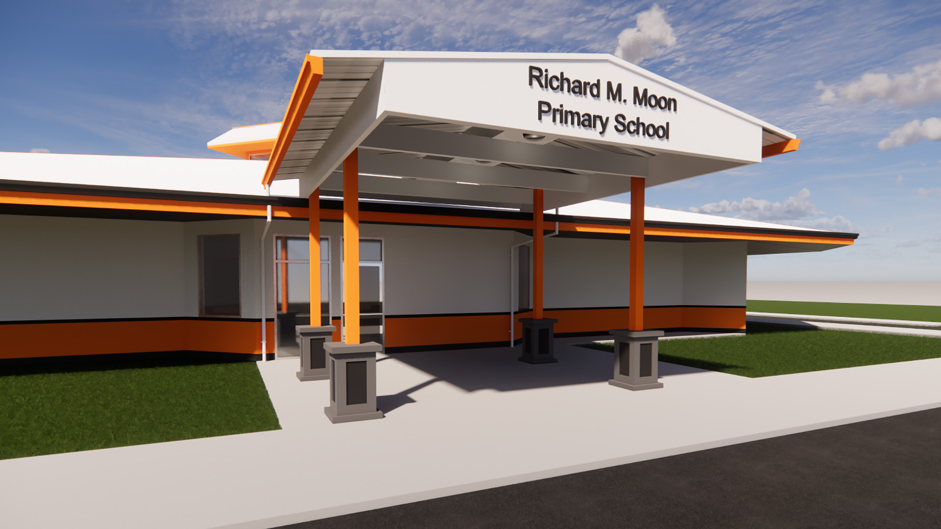 Render of new painted building and orange and white entry shade structure with the school name in lettering.