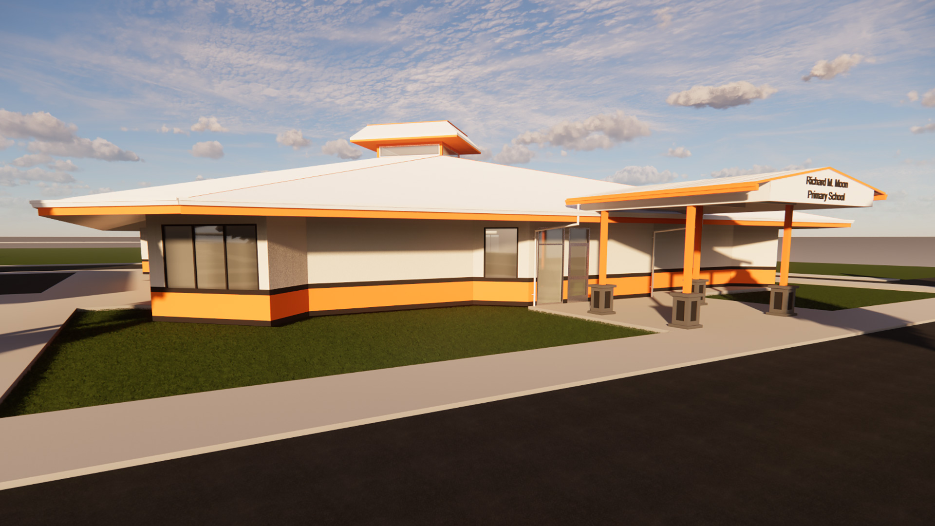 Render of new painted building and orange and white entry shade structure with the school name in lettering.