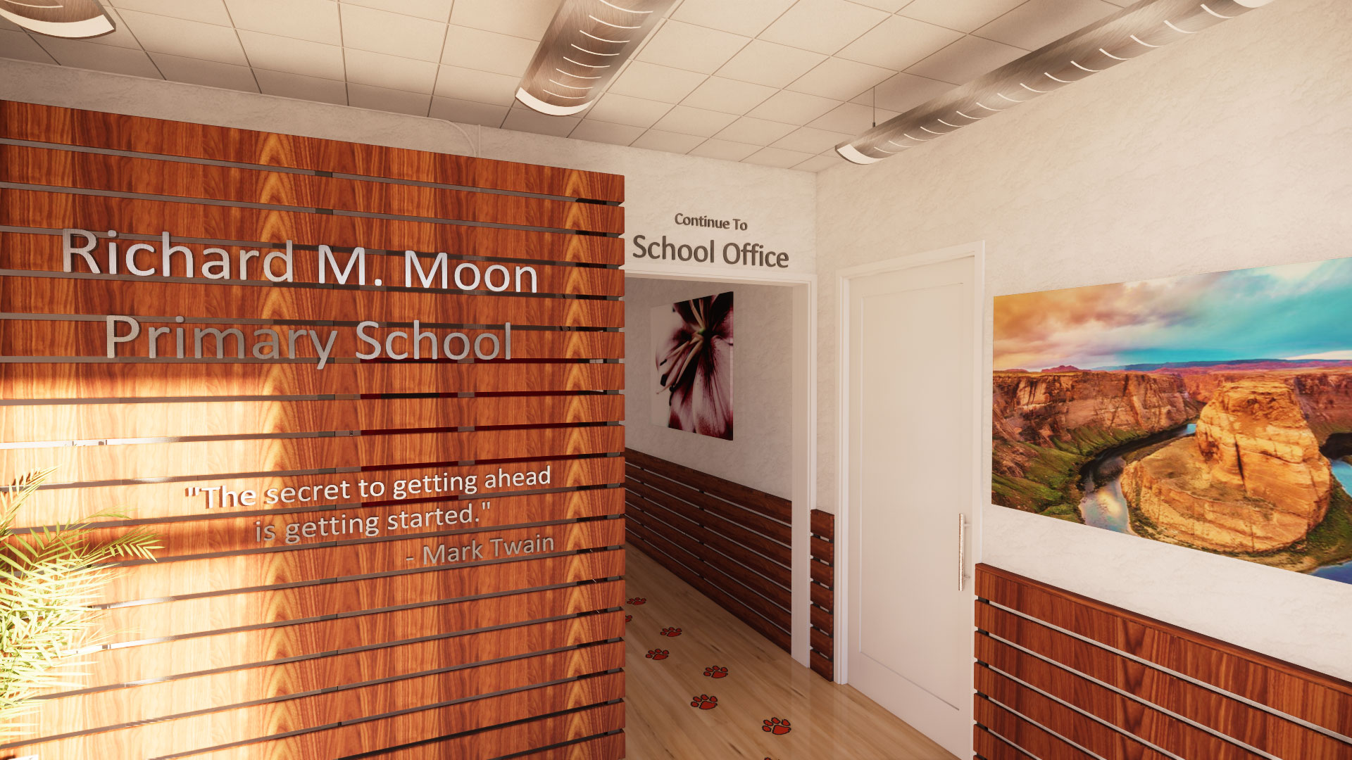 School administrative foyer, with paneled wooden facade, area for pamphlets, and the school name in lettering.