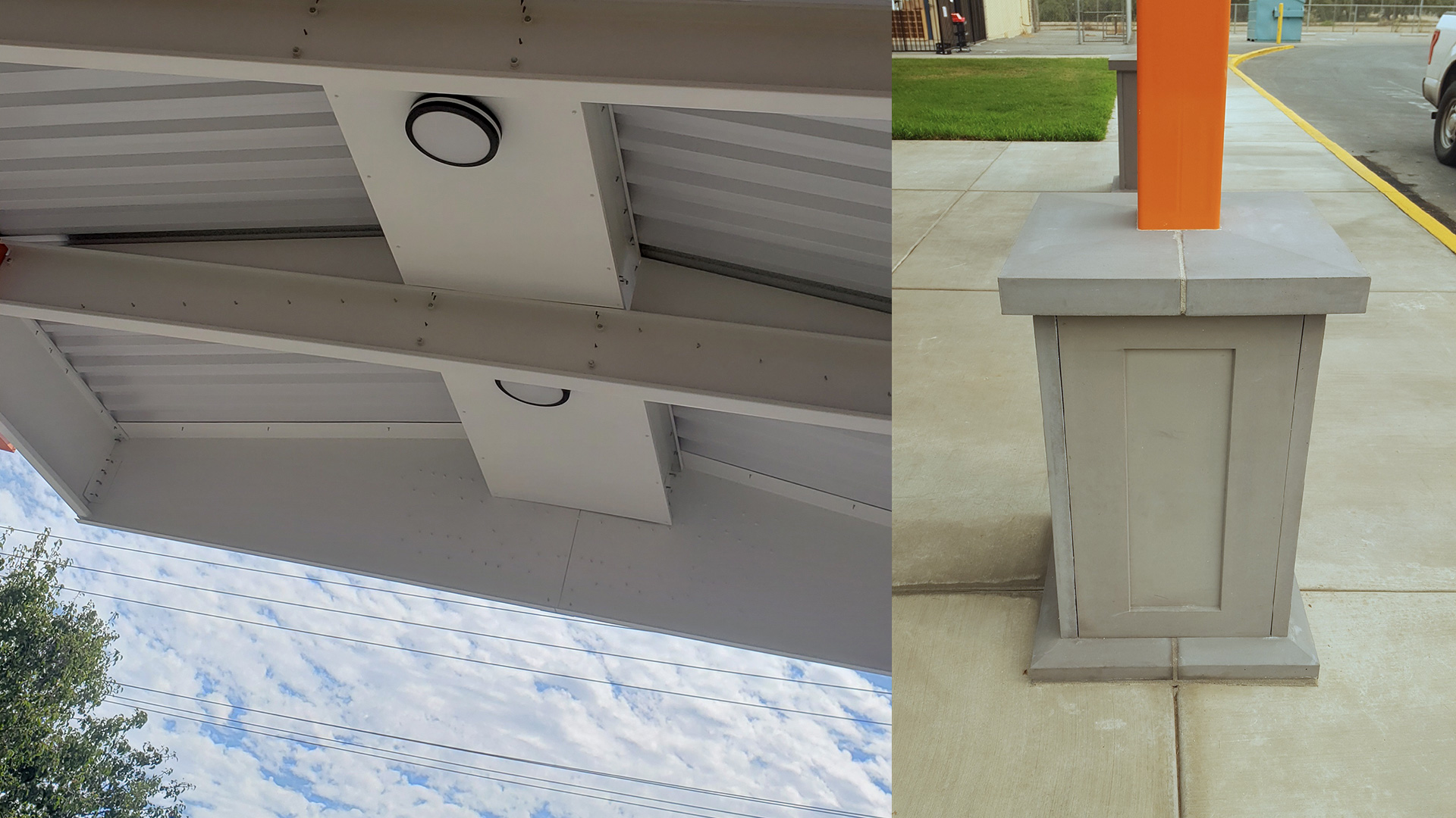 Underside of white entry shade structure, and gray base of posts.