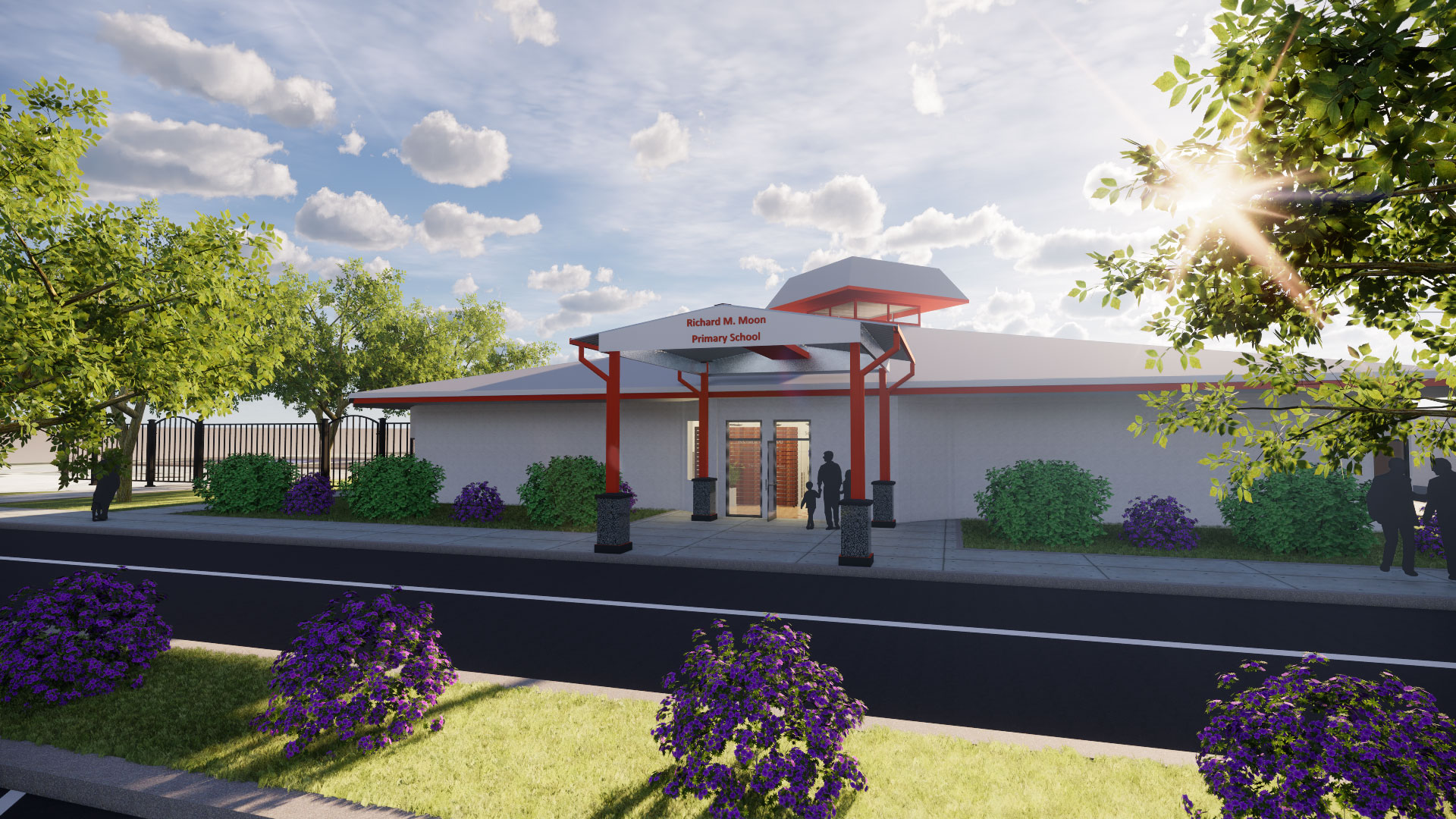 Render of new painted building and orange and white entry shade structure with the school name in lettering.