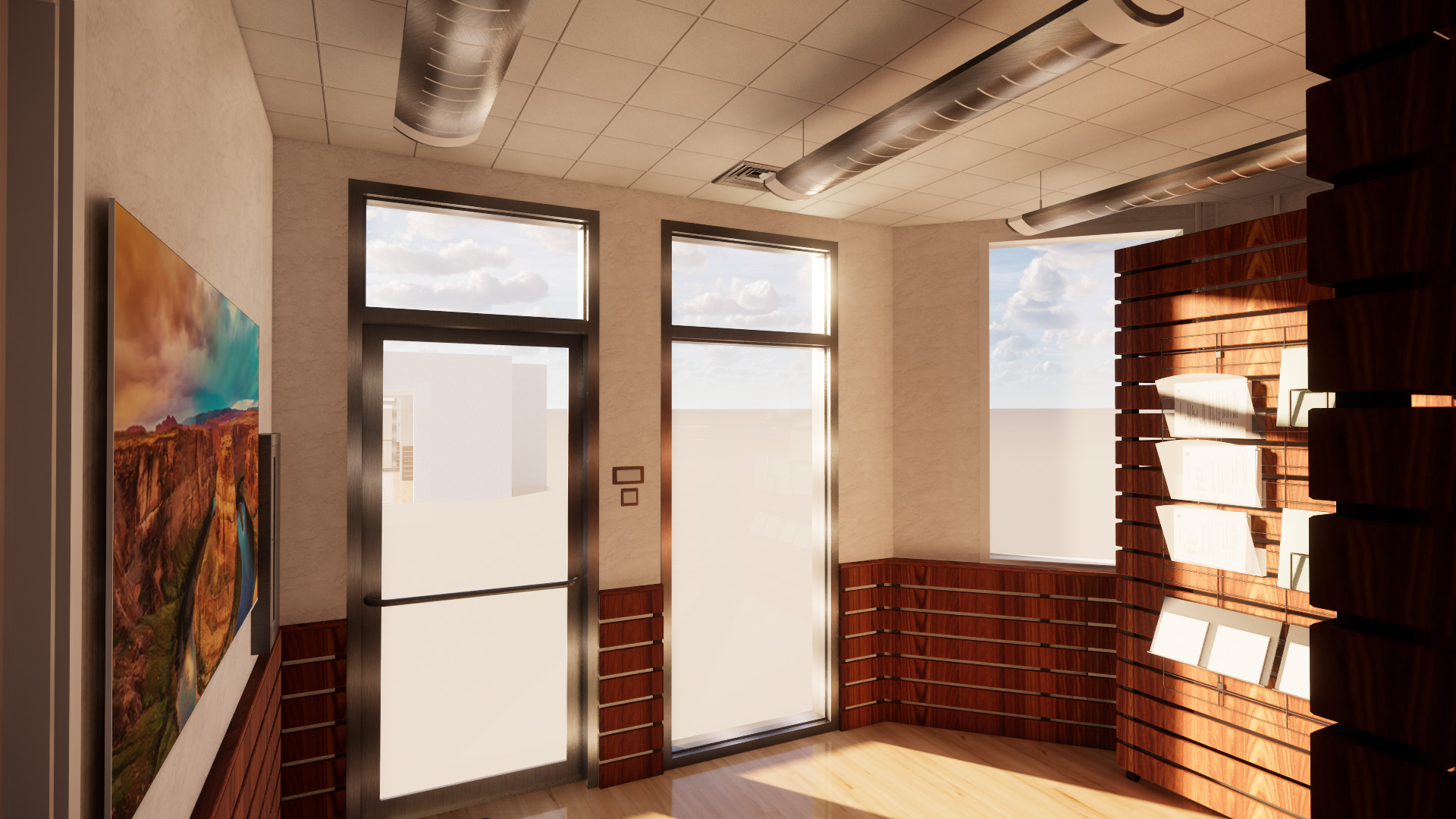 School administrative foyer, with paneled wooden wainscot and bright windows.