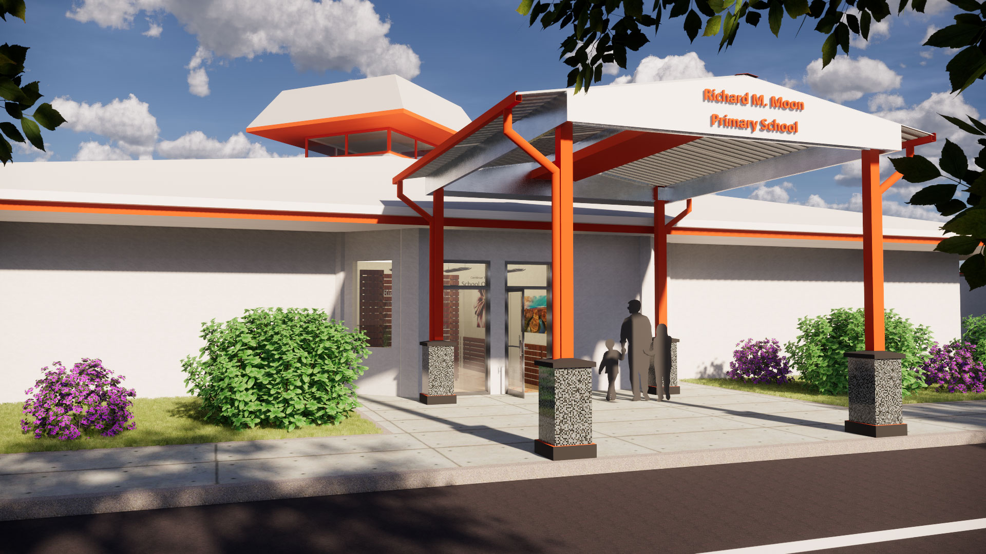 Render of new painted building and orange and white entry shade structure with the school name in lettering.