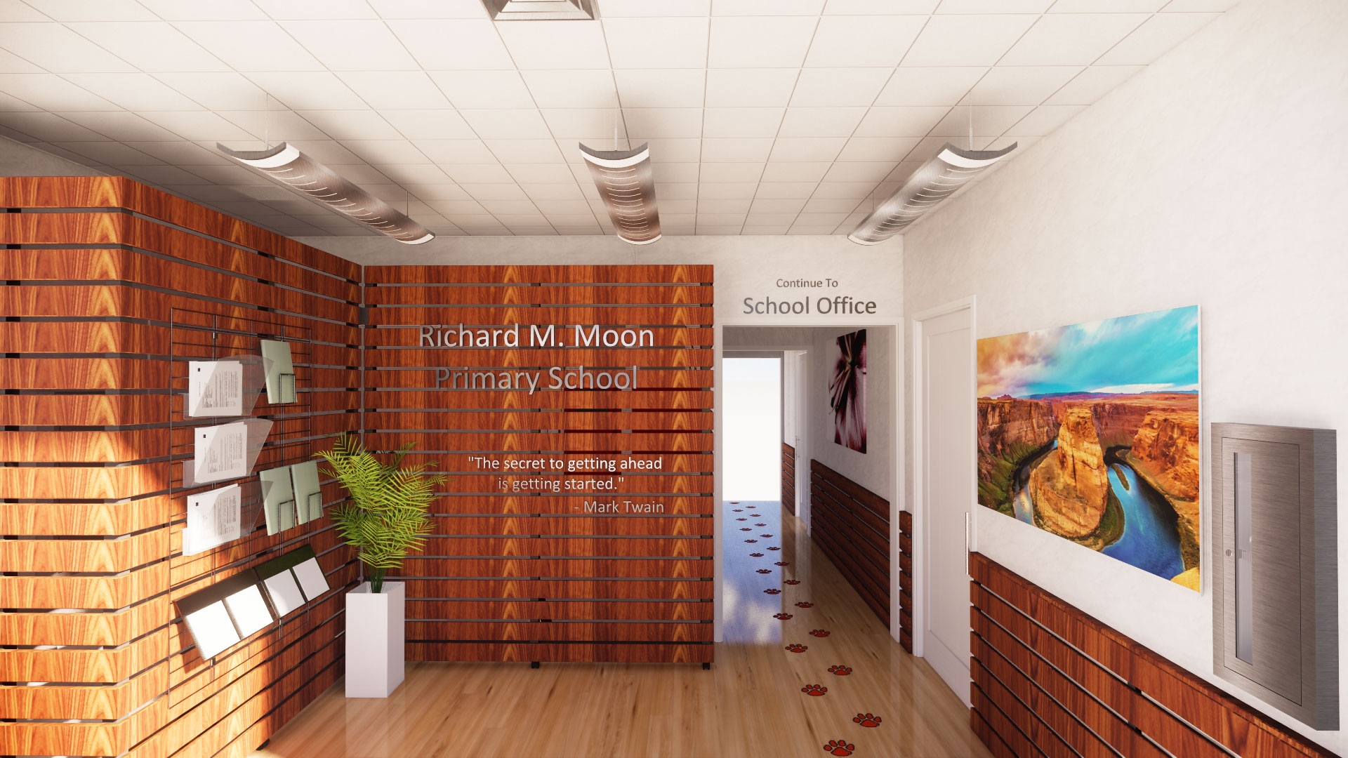 School administrative foyer, with paneled wooden facade, area for pamphlets, and the school name in lettering.