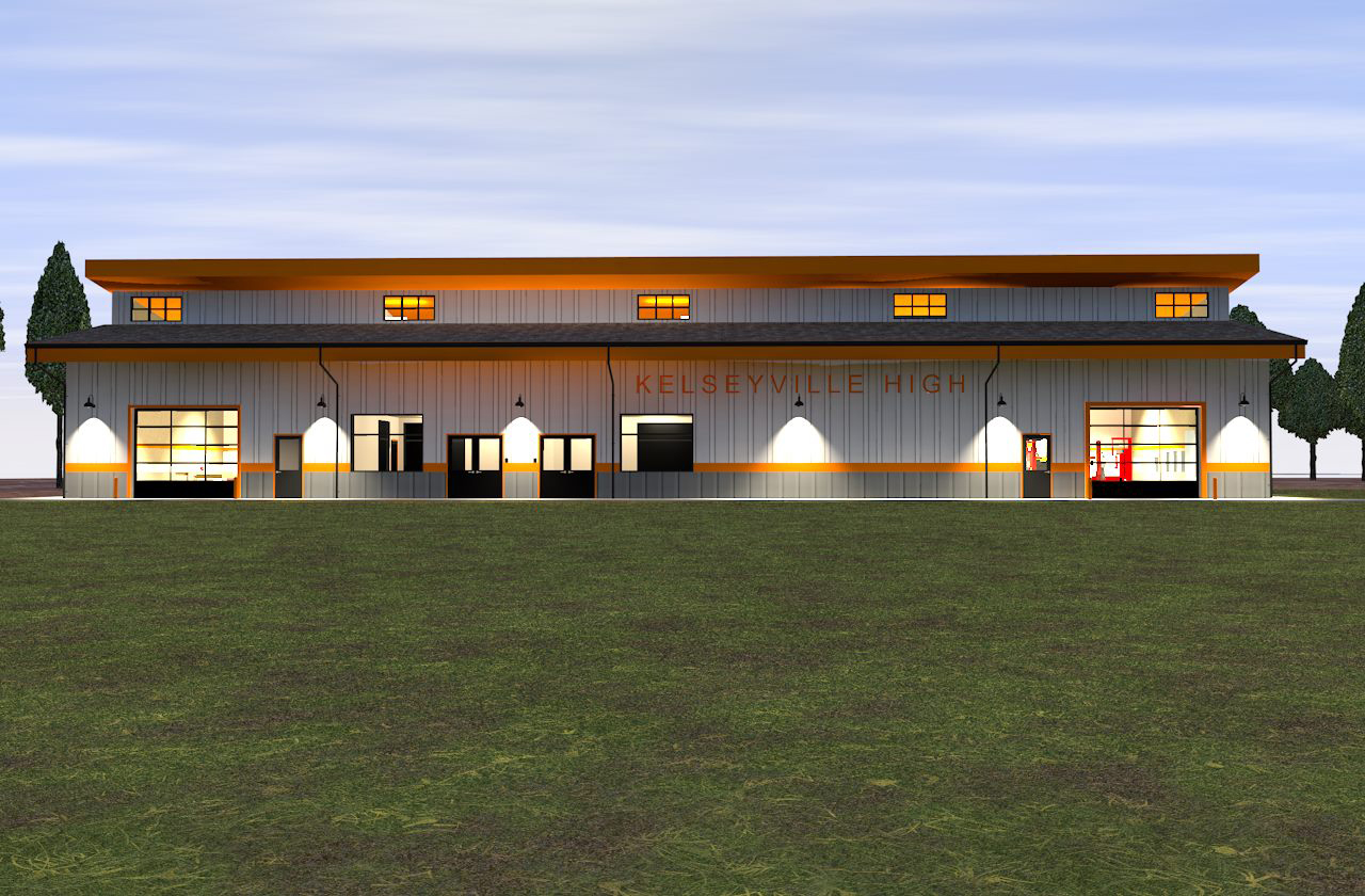 Render of shop building exterior at dusk, resembling as-built near identical. Light illuminating in cones down walls.