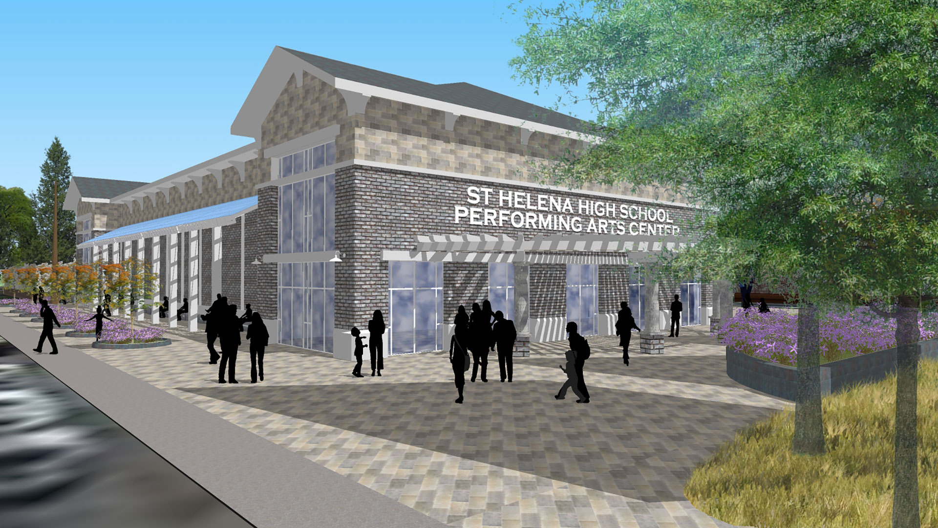 Rendering of theater exterior, vast stone walls with 'St. Helena Performing Arts Center' above in 3D text.