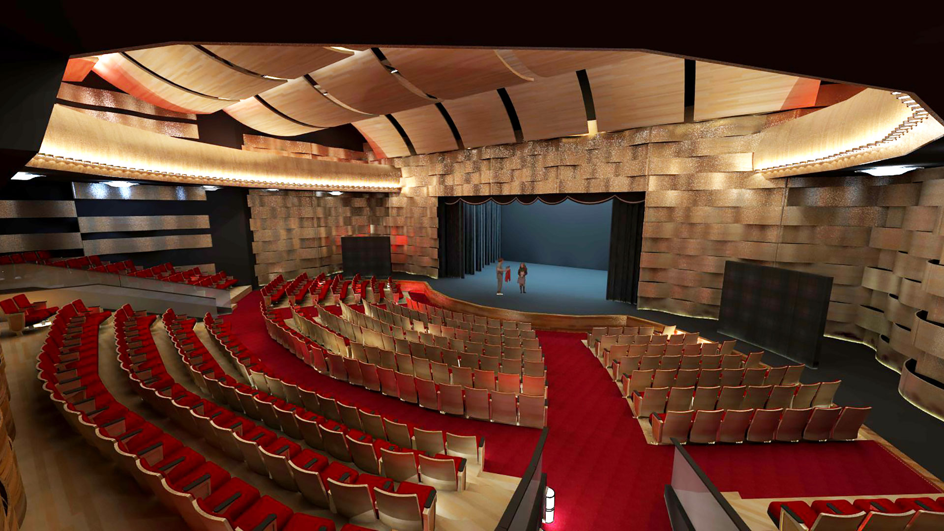 Rendering of conceptual auditorium and stage, with wooden panel walls and red carpet.