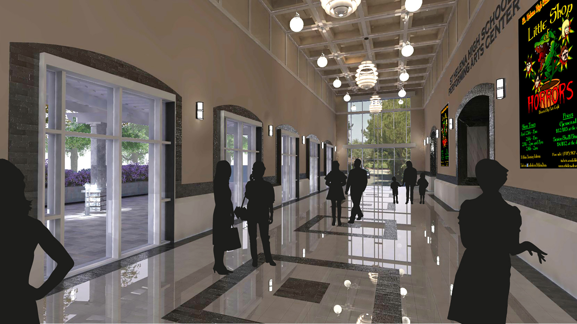 Rendering of conceptual foyer and box office, closely resembling final built foyer.