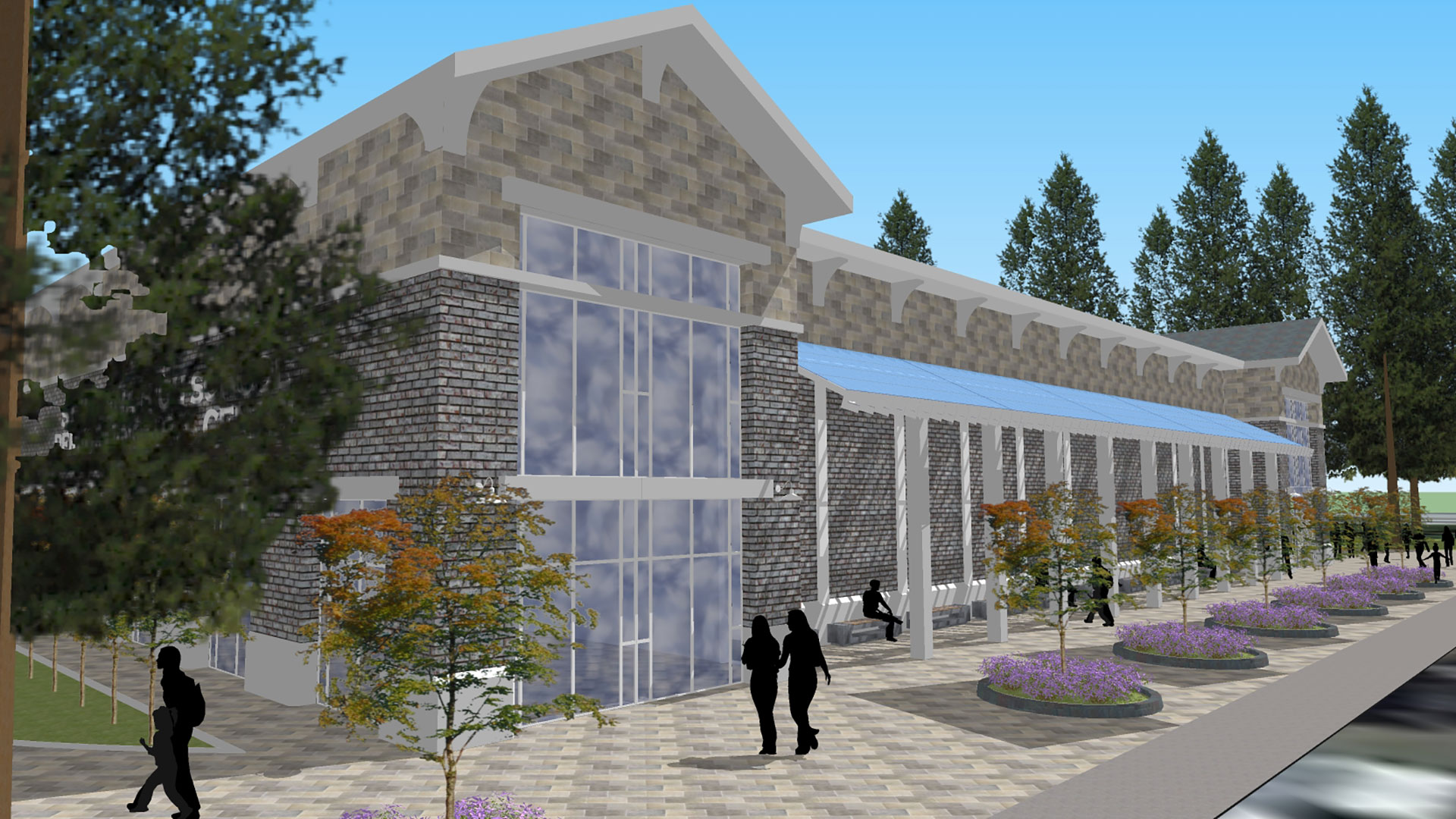 Rendering of theater exterior, vast stone walls with large double height window at end of foyer.