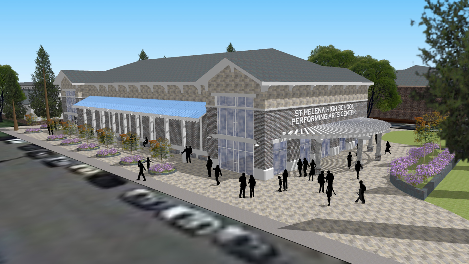 Rendering of theater exterior, vast stone walls with large windows, and covered entrance.