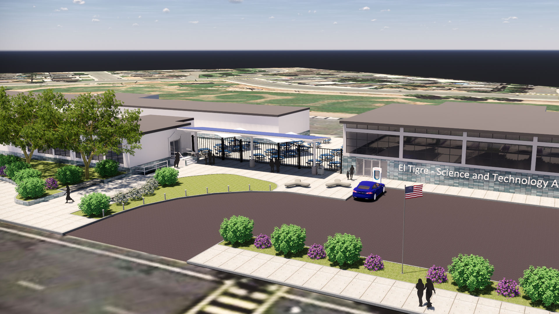 Aerial render of campus focusing on shade structure, showing the gymnasium, parking lot, and waiting areas.