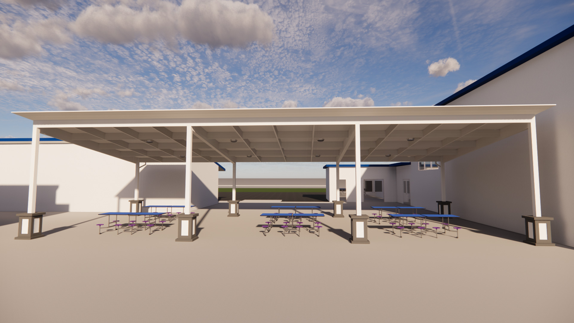 Render of white shade structure with lunch tables beneath.