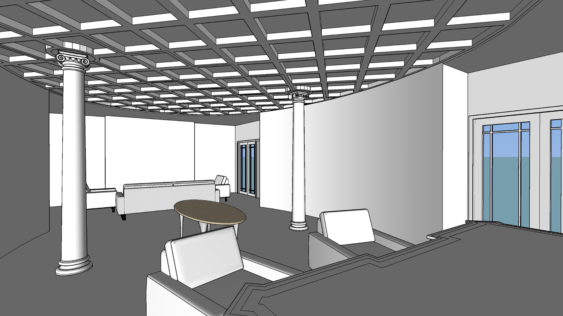 Rendering of library showing sitting area and paneled ceiling.