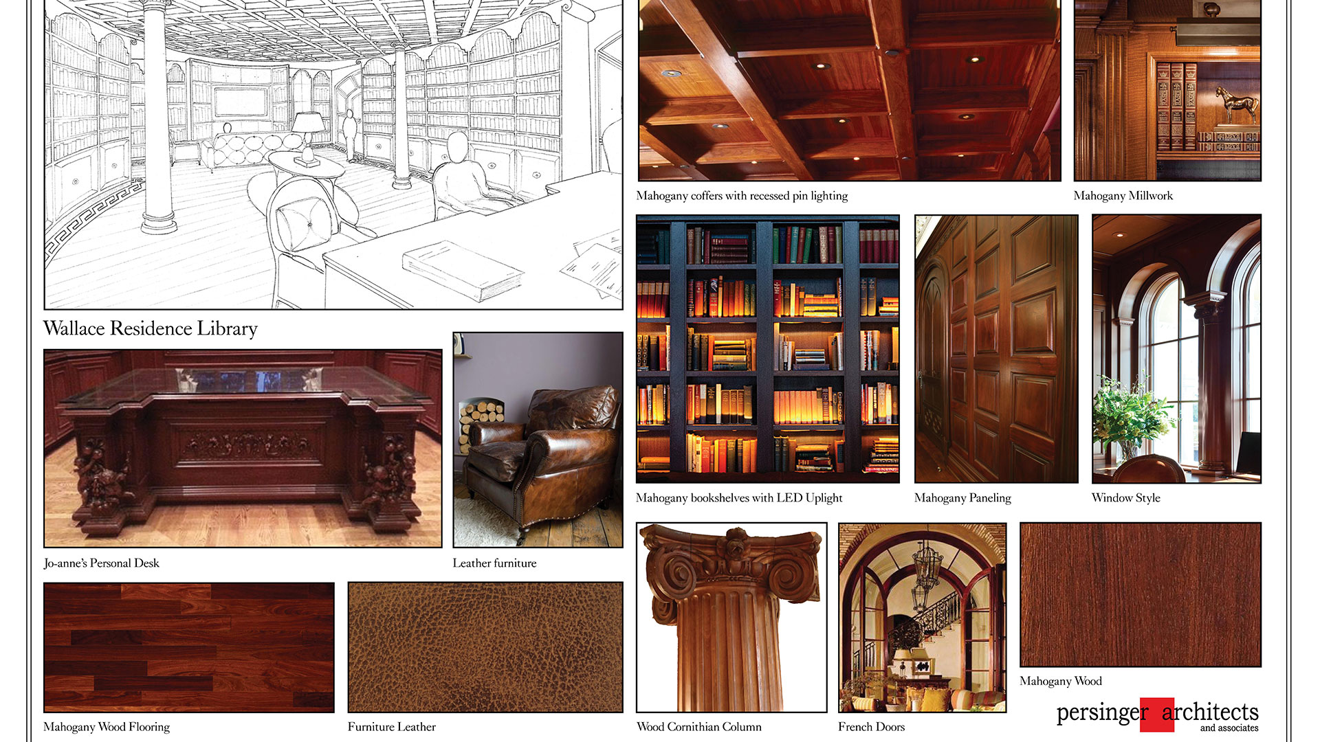 Compilation of images and ideas highlighting bookshelves, exposed wood, panel ceilings, and roman-style columns.
