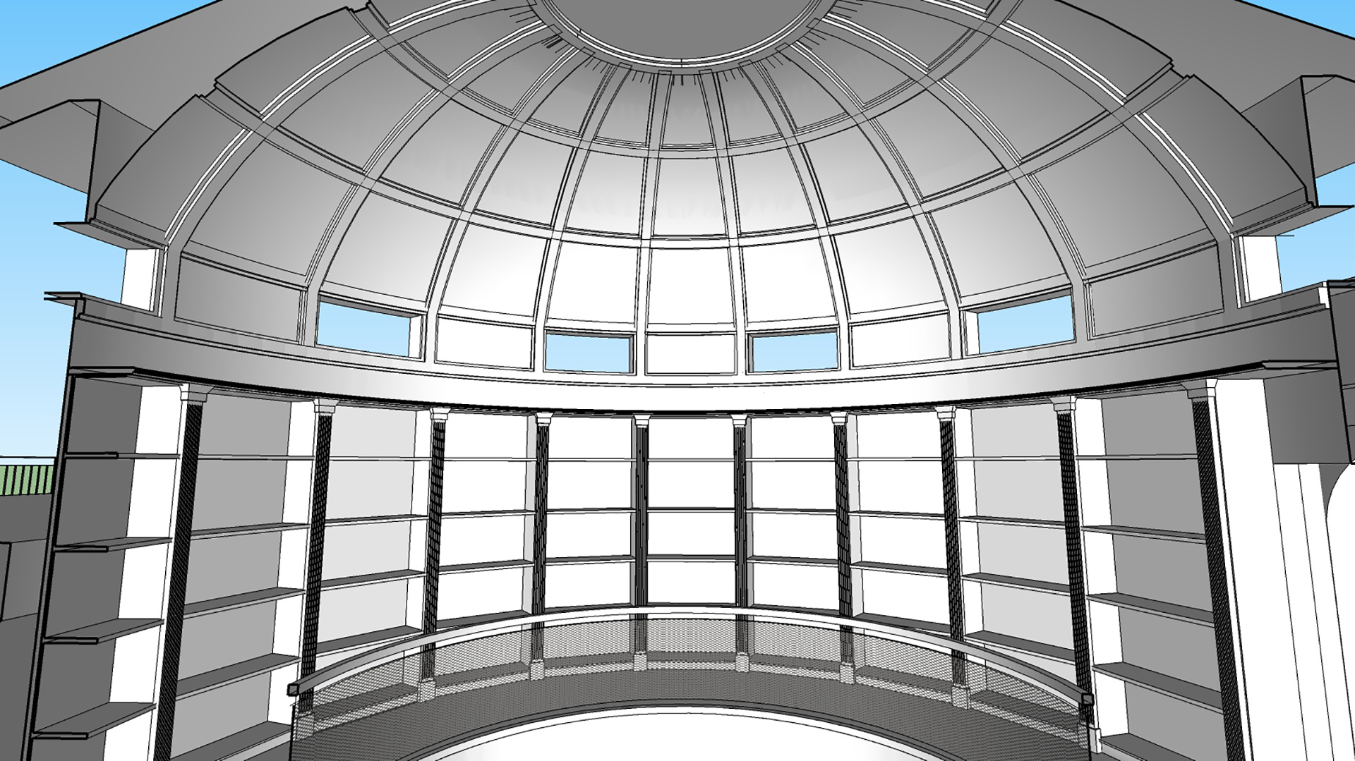 Rendering picture of domed atrium with intersparsed windows and bookshelves.