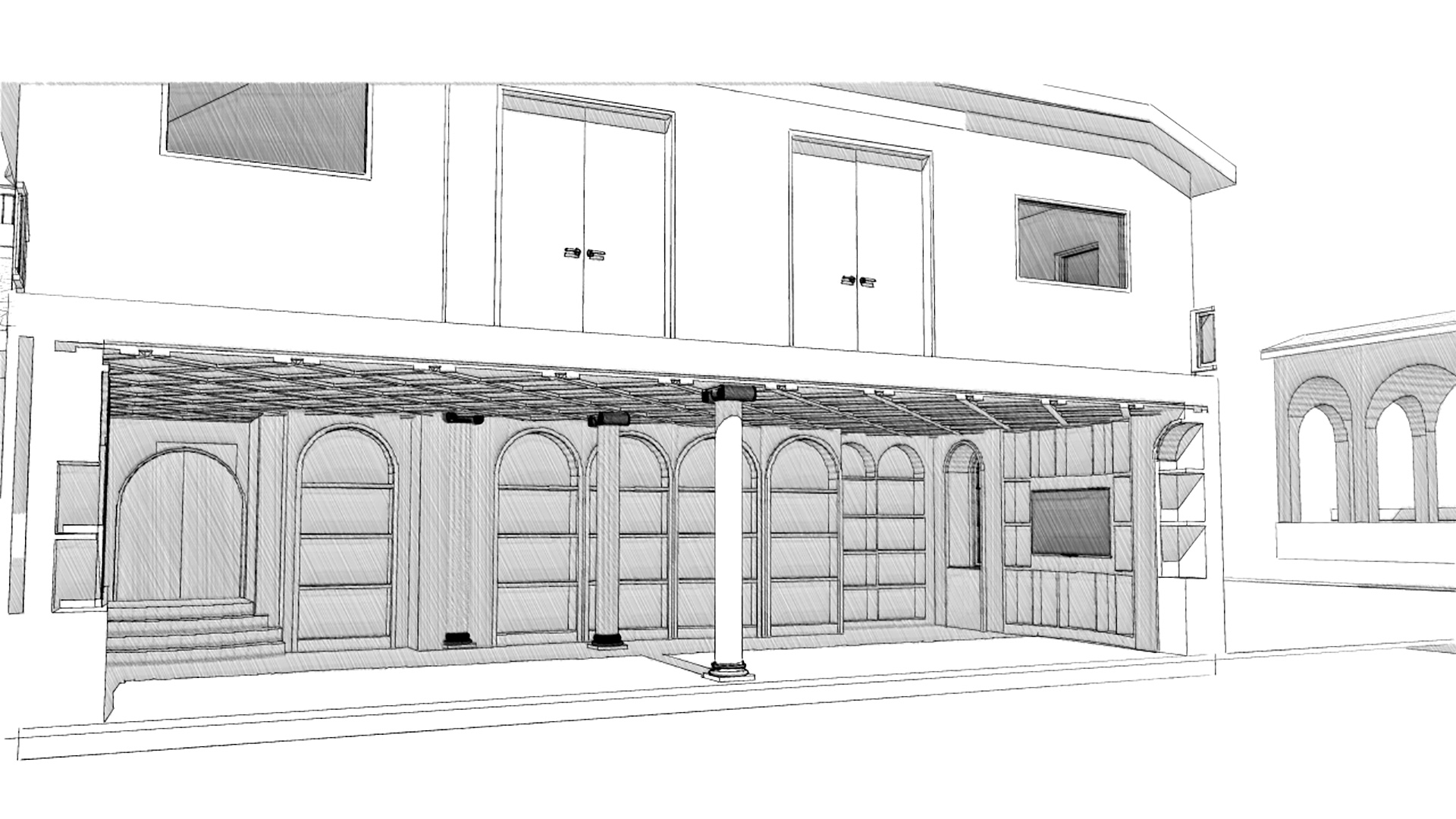 Black and white pencil drawing of library and atrium above.