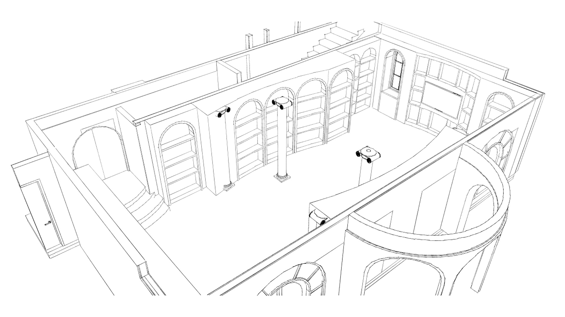 Black and white pencil drawing of library from birds eye view