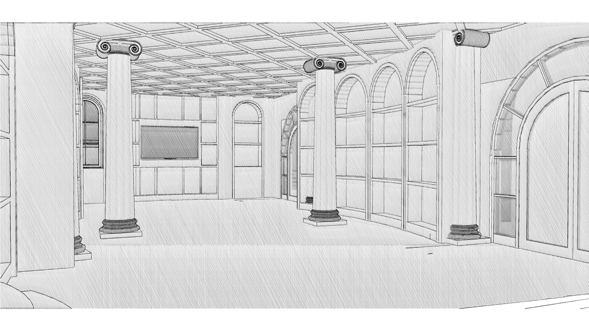 Black and white pencil drawing of library with columns and paneled ceiling.