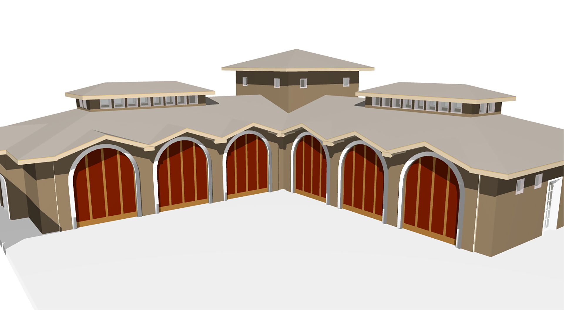 Rendering of garage area with many doors and monitors above