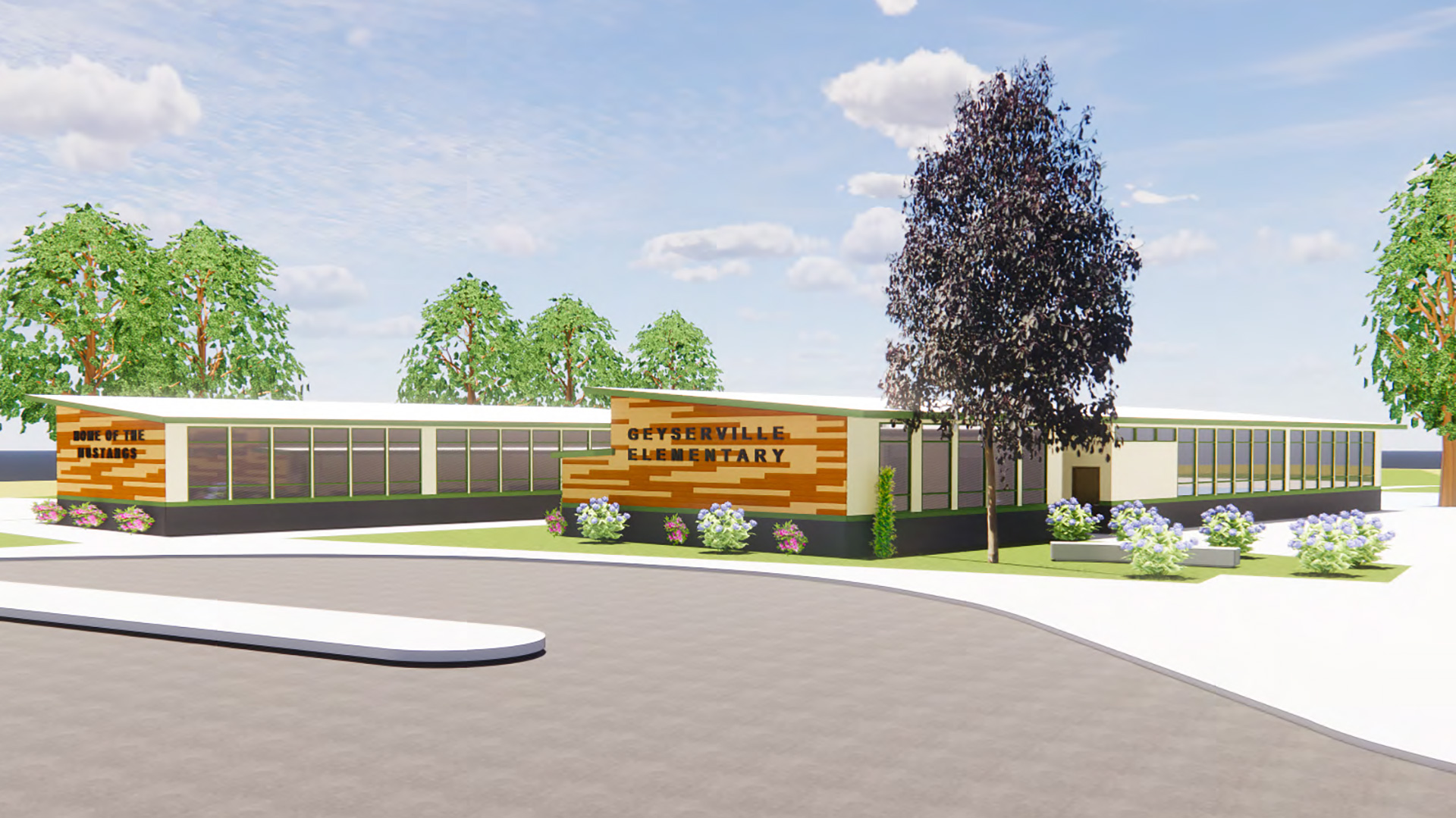Rendering of school exterior showing tall classroom windows and asphalt pickup/dropoff area in front.