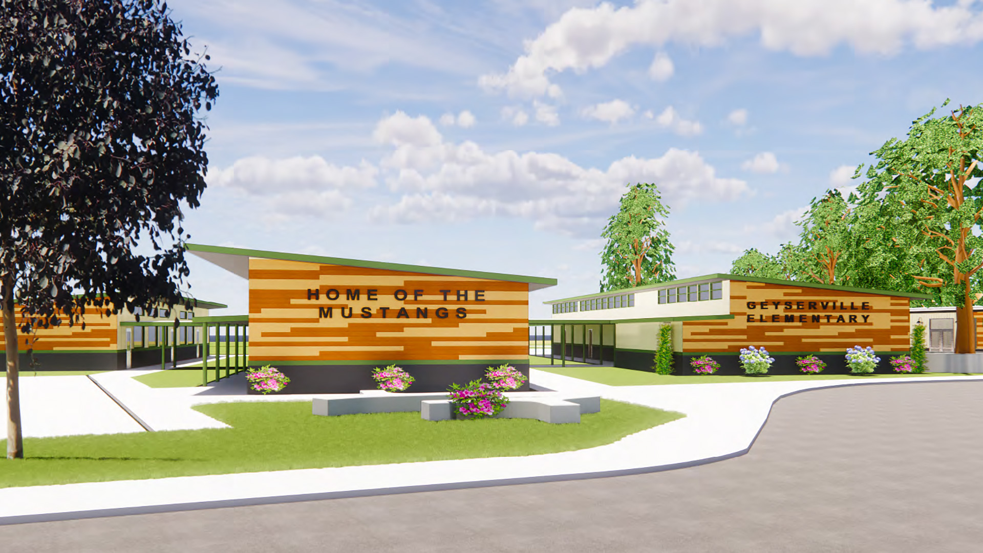 Rendering of school exterior with 3D text 