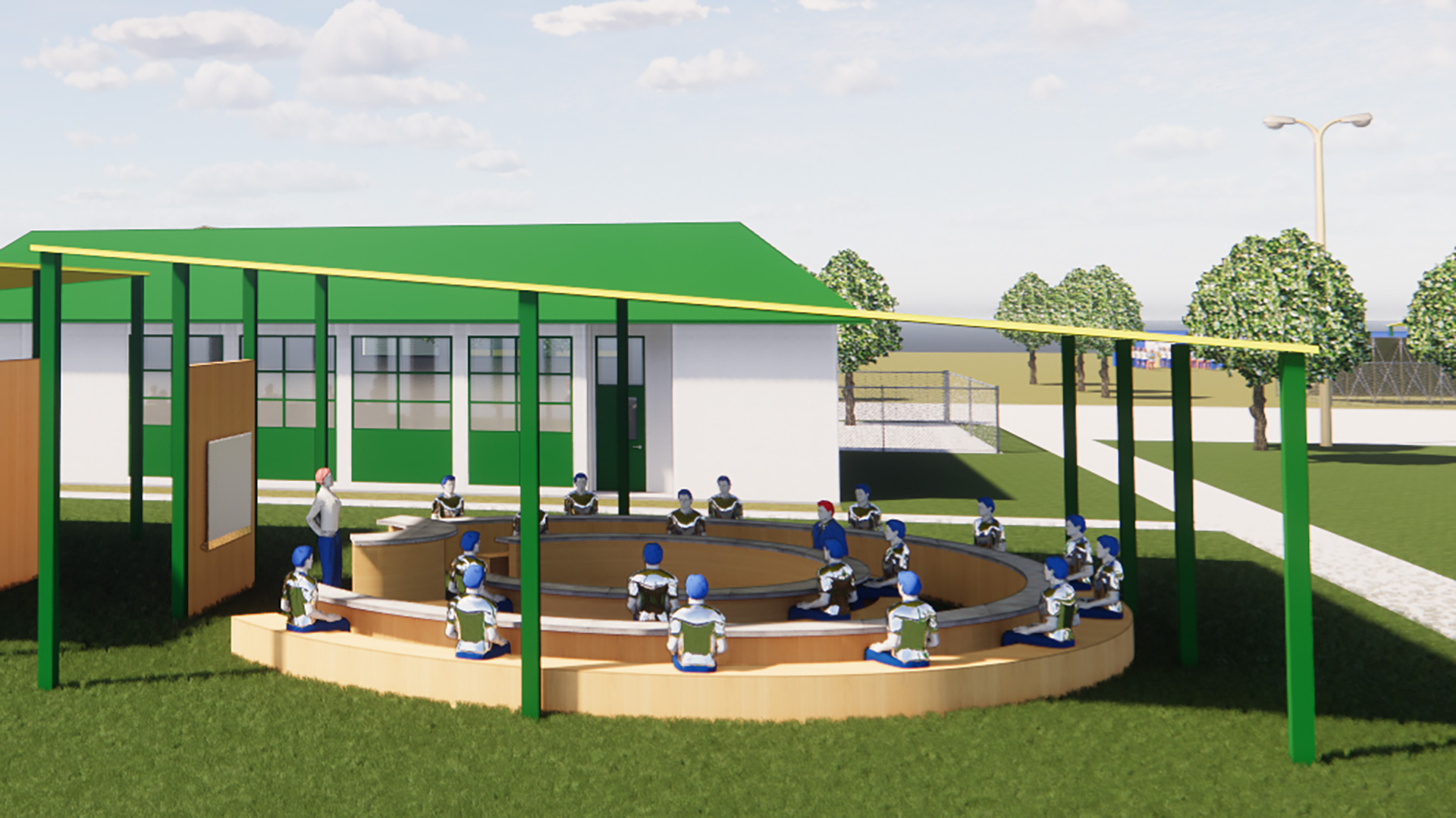 Rendering of exterior showing covered outdoor teaching area, with circular tables focusing towards a teaching wall.