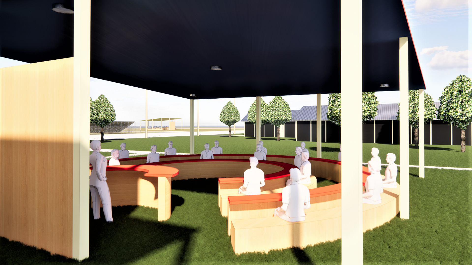 Rendering of covered outdoor seating area, with curved tables looking towards teaching area.