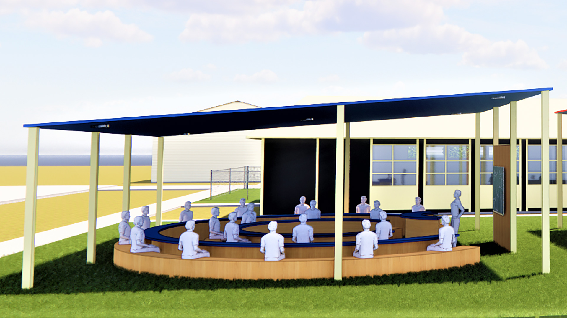 Rendering of covered outdoor seating area, with curved tables looking towards teaching area.