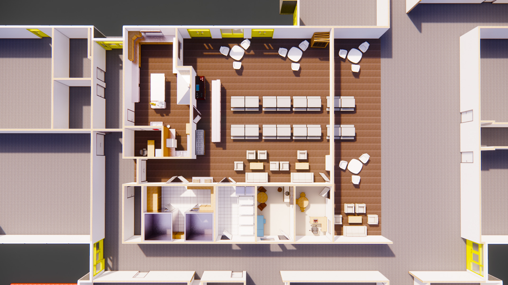 Rendering of new cafeteria floorplan, with kitchen, office, and large modern eating area.