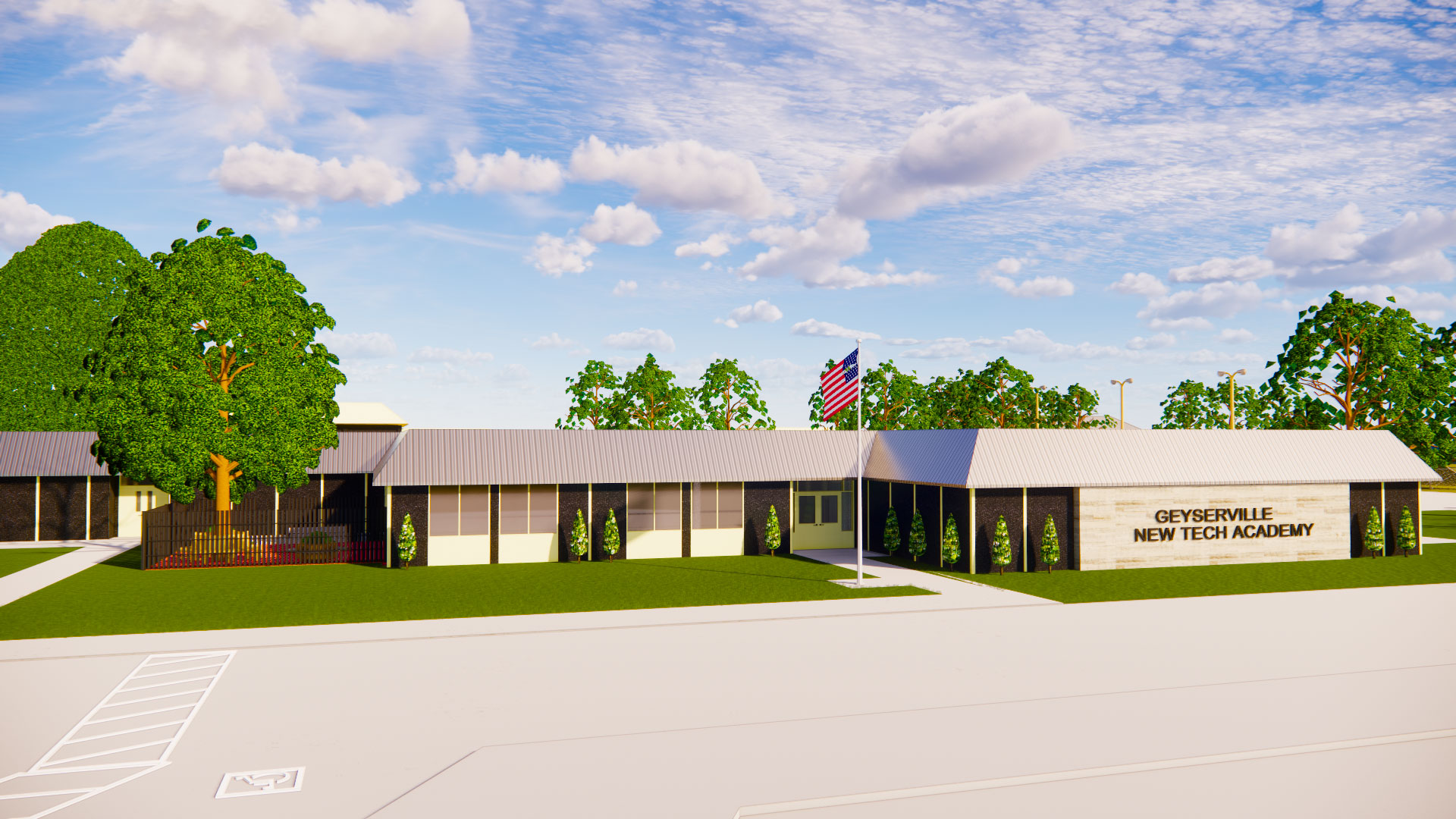 Rendering of exterior of school, with paneled black walls and white roof.