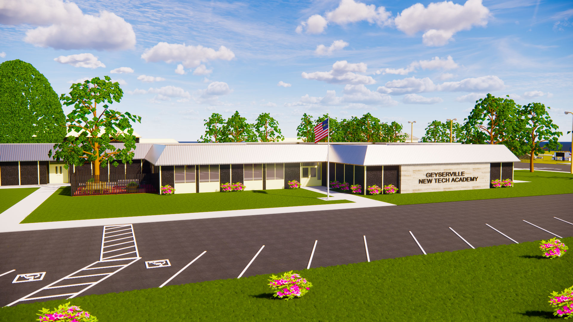 Rendering of exterior of school, with paneled black walls and white roof.
