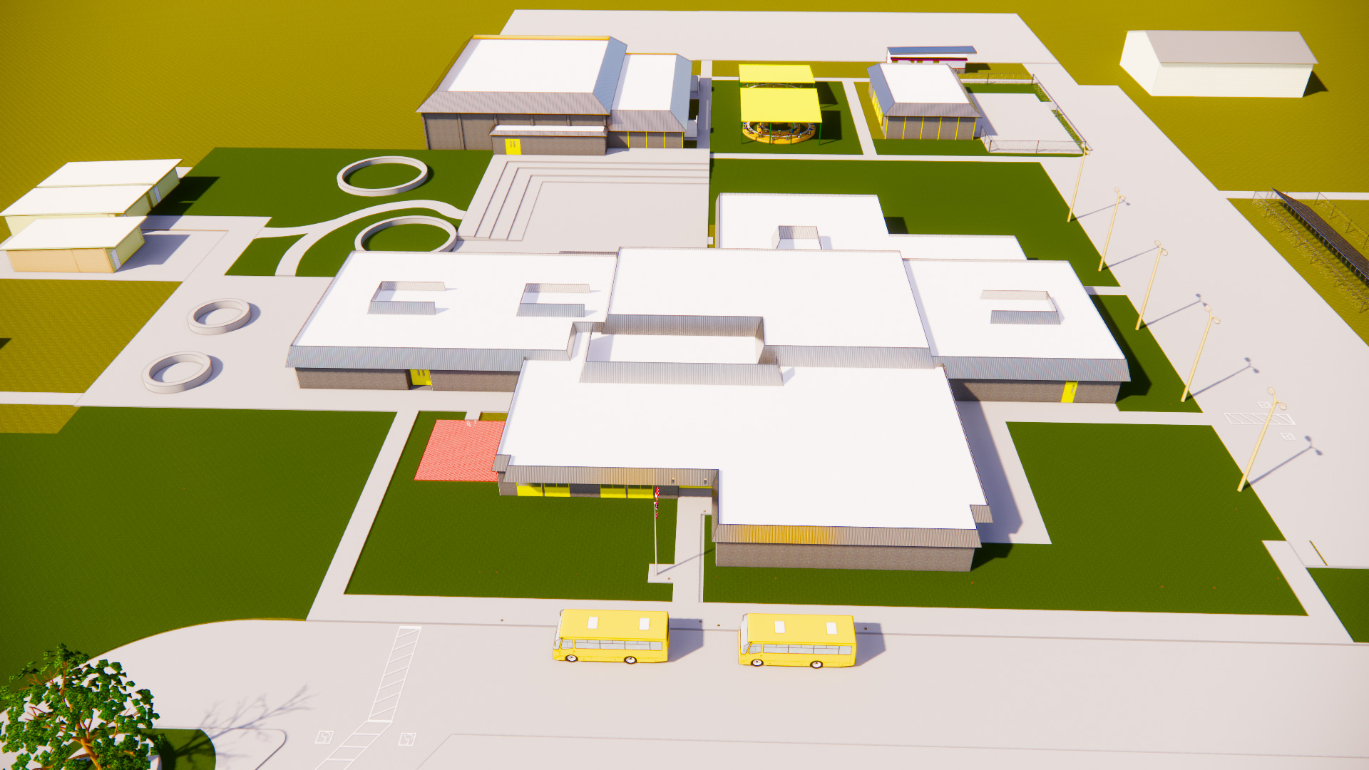 Rendering of campus, showing footprint of building to be modernized.
