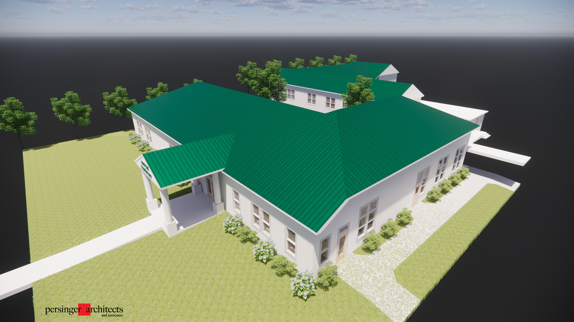 Rendering of classroom wing overhead, showing green roof over white walls.