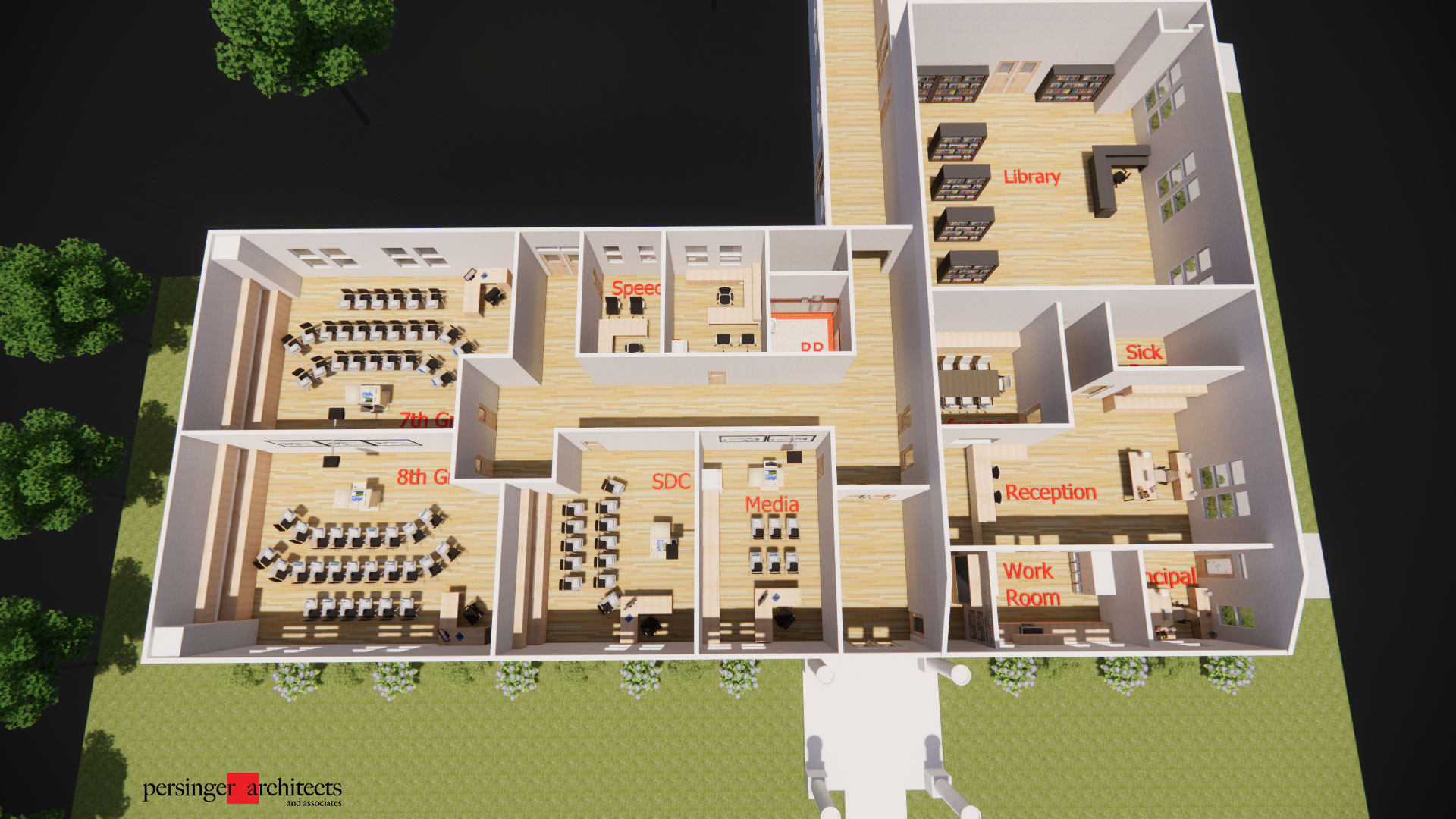 Rendering of floorplan, showing Administration, Restrooms, Library, Classrooms, and more.