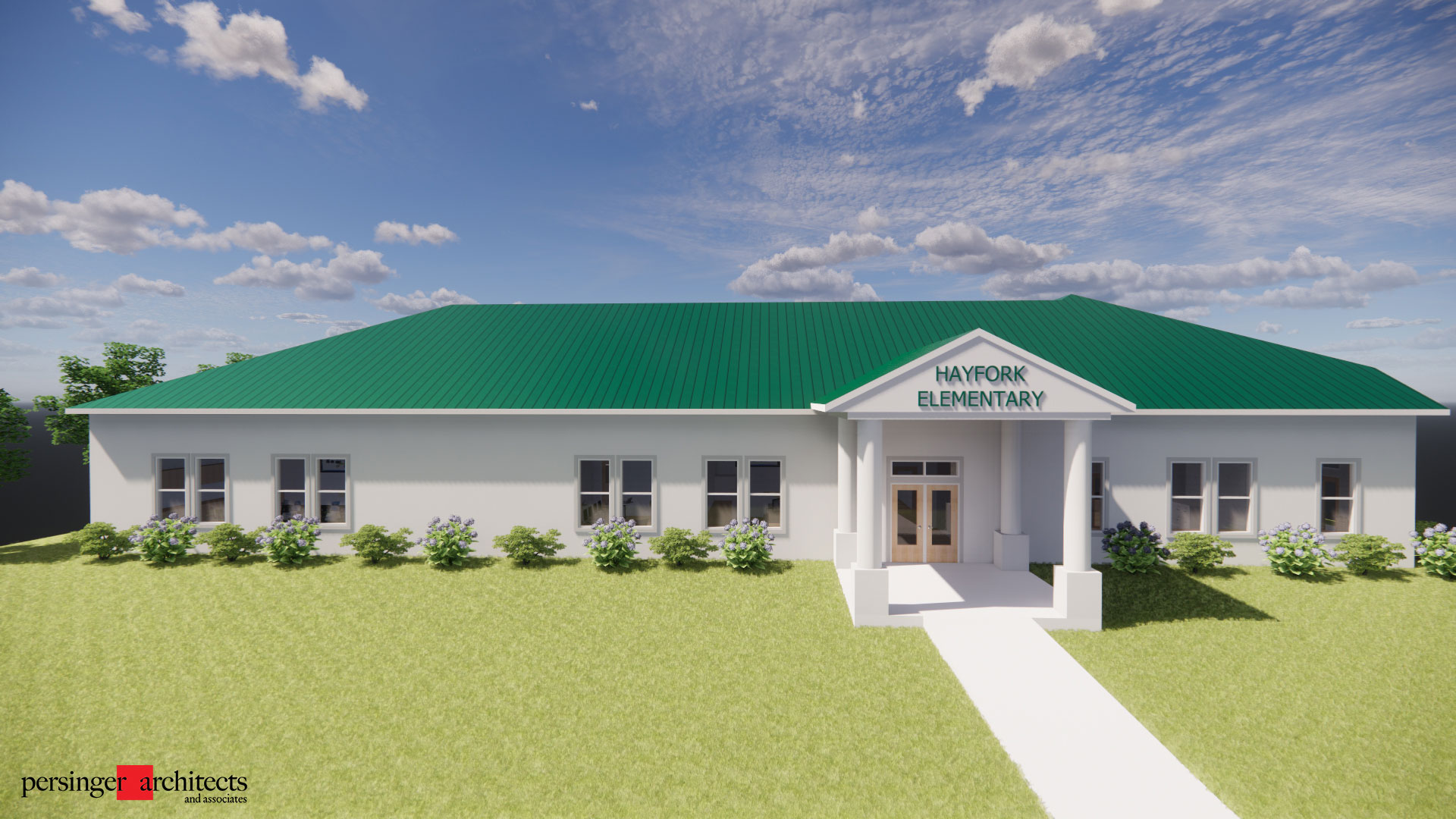 Rendering of school exterior, with 'Hayfork Elementary' in 3D text above entry.