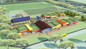 3-D model of elementary campus with colorful awnings, vast windows, solar panels, and green roofs.